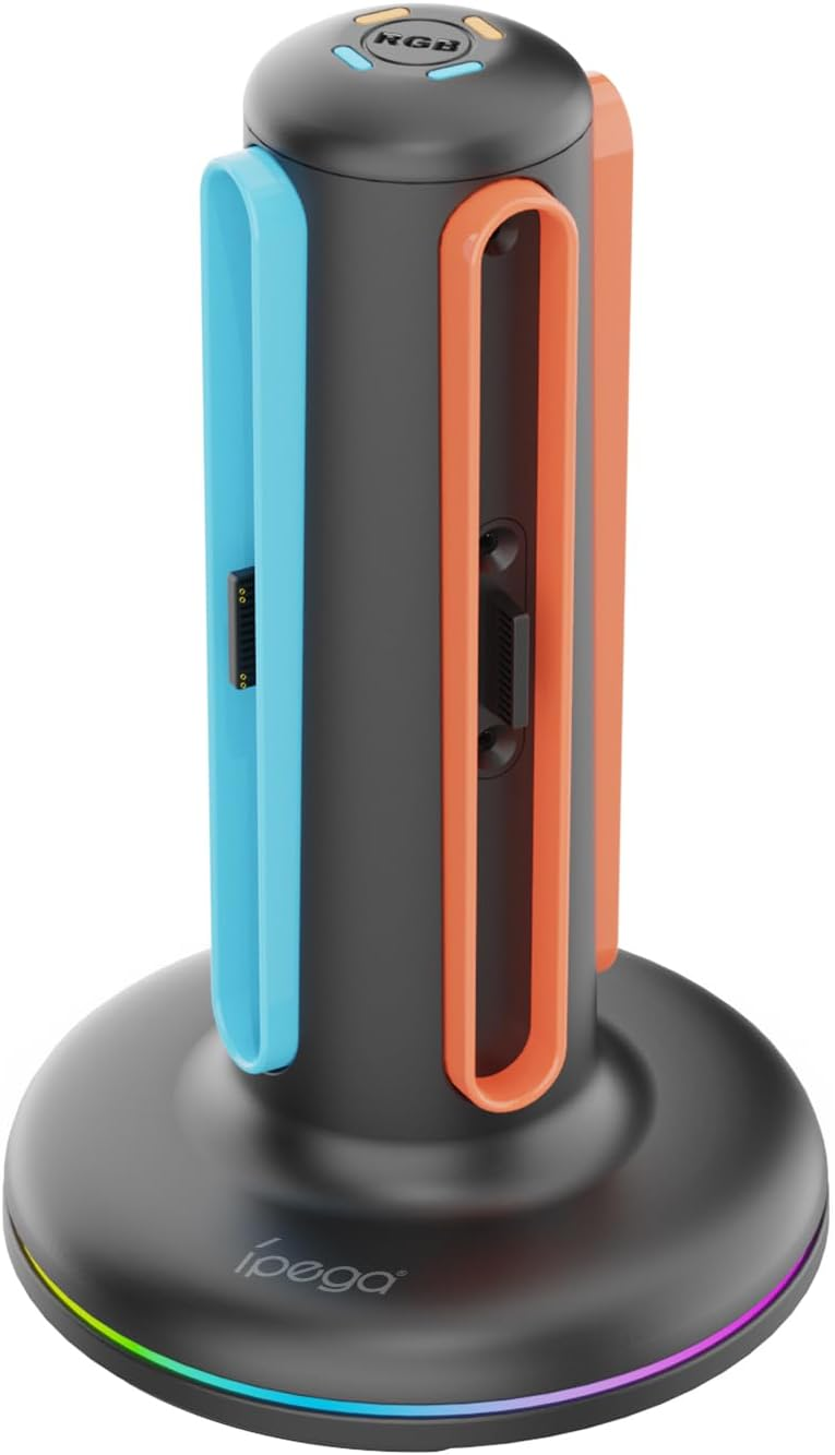 Schwarze vertikale Ladestation mit blauen und orangen Konturen auf einer runden Basis.