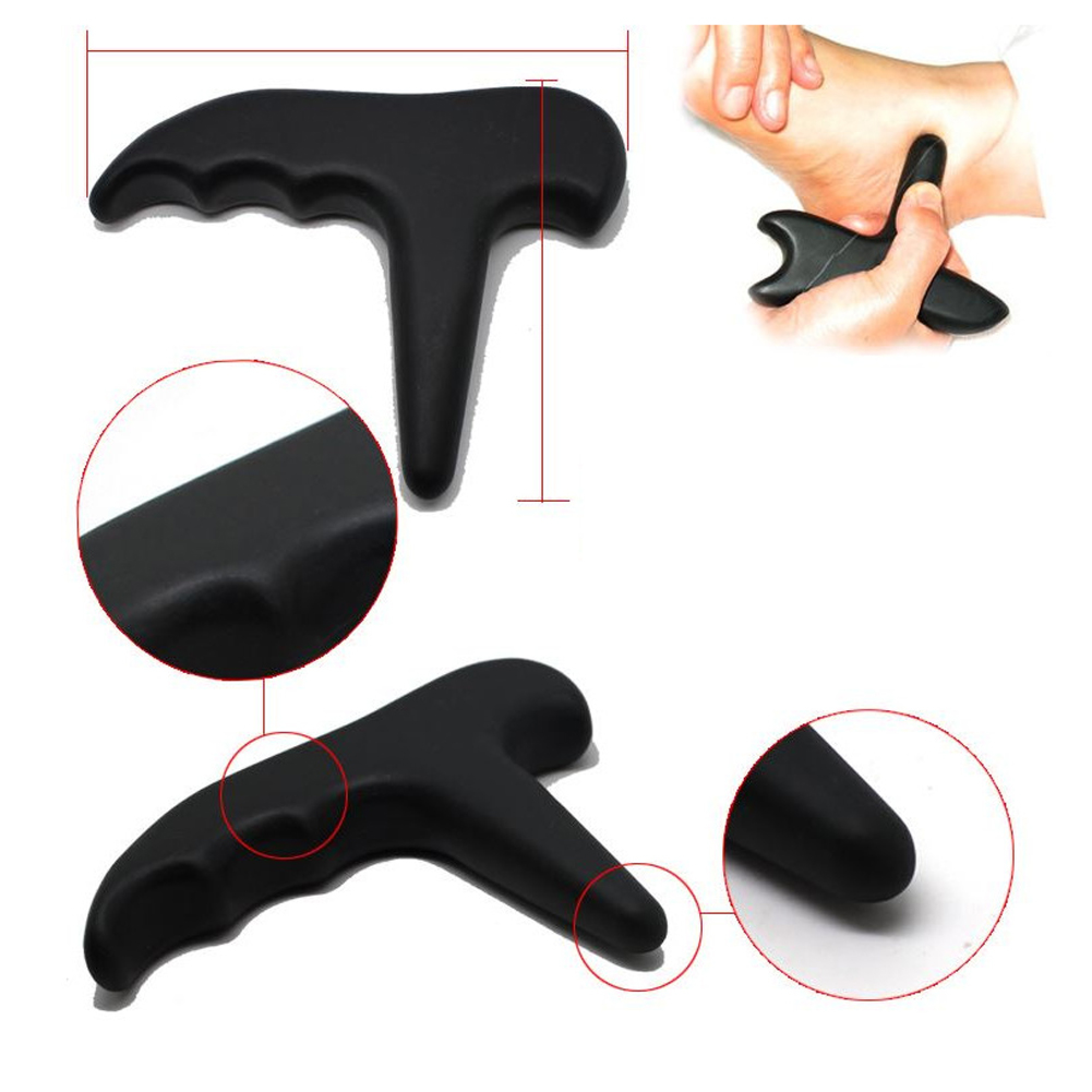 Ein schwarzes T-förmiges Massagegerät mit Maßen, Nahaufnahmen und bei der Fußmassage.