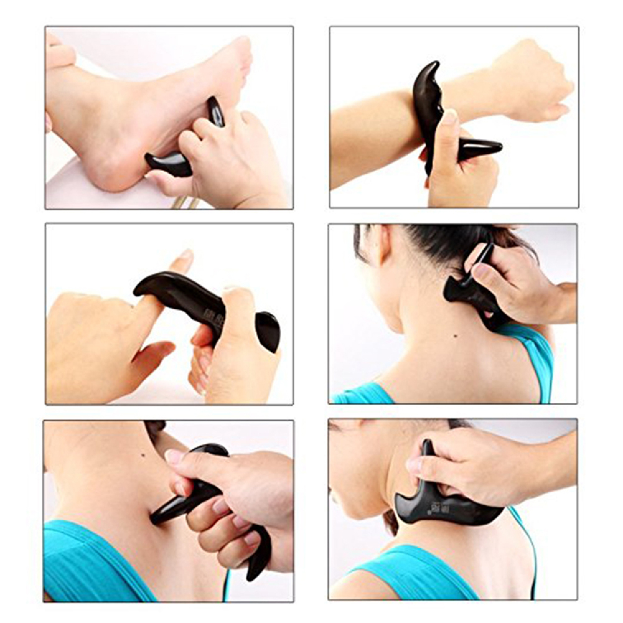 Sechs Bilder zeigen die Anwendung eines schwarzen Massagegeräts an Fuß, Arm, Hand und Nacken.