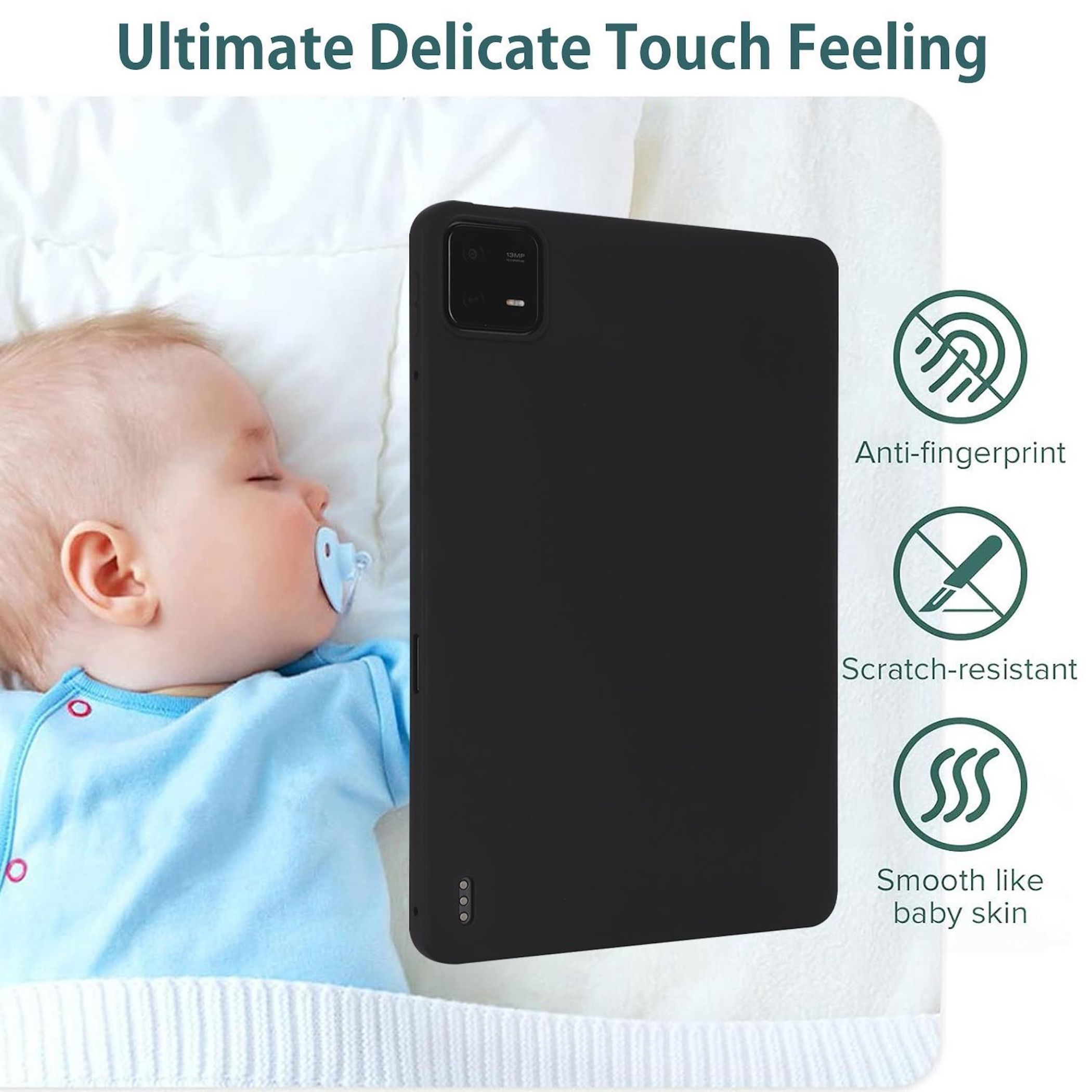 Un bambino che dorme accanto a un tablet nero, con icone anti-impronta, antigraffio e liscio come pelle di bimbo.