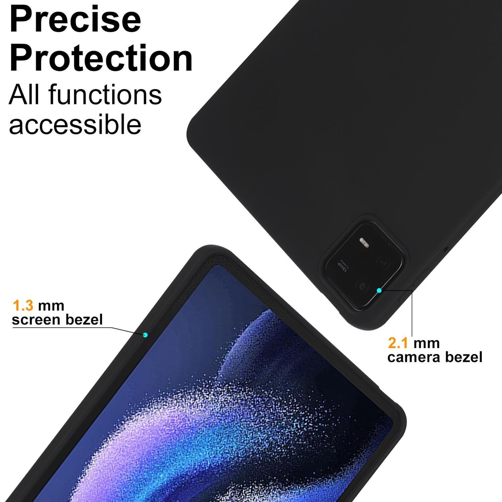 Custodia nera per tablet con cornice schermo di 1,3 mm e fotocamera di 2,1 mm, con testo sulla protezione.