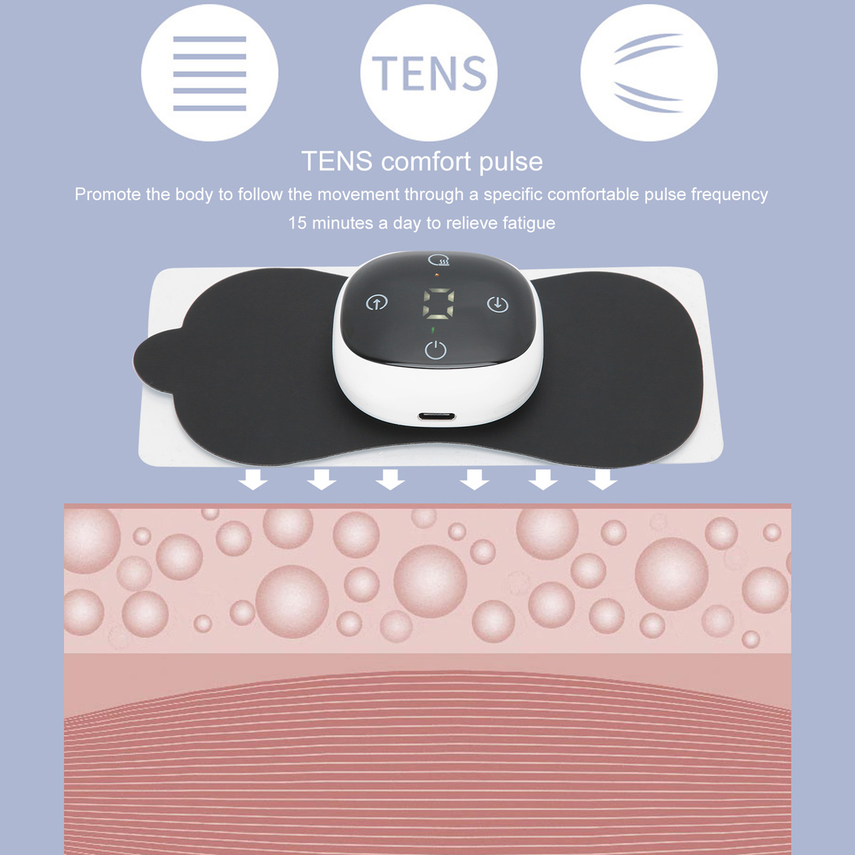 Ein tragbares TENS-Gerät mit Elektrodengel-Pads zur Linderung von Muskelermüdung.
