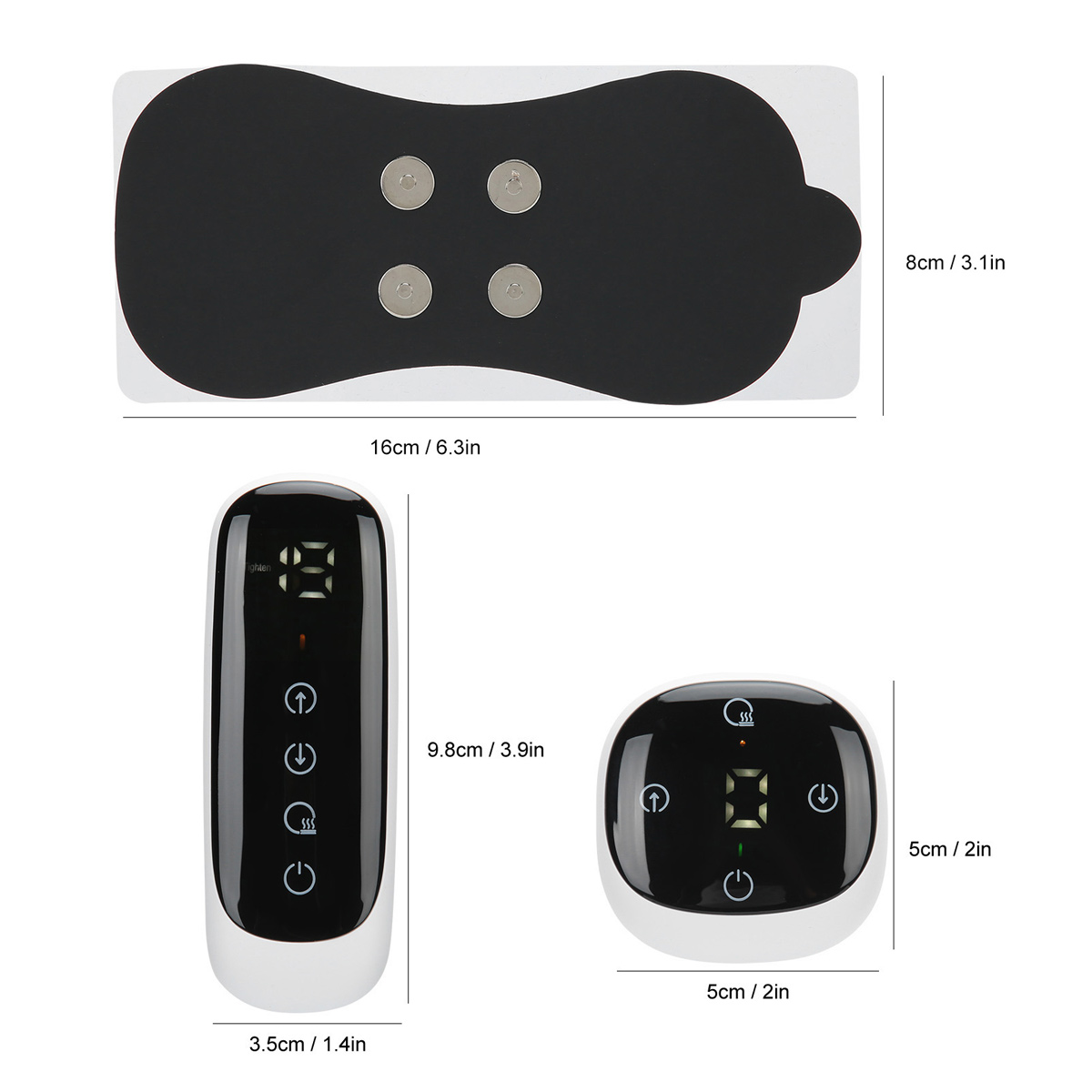 Elektrodenpad, rechteckiges Steuergerät und kleines rundes Gerät mit Maßangaben.