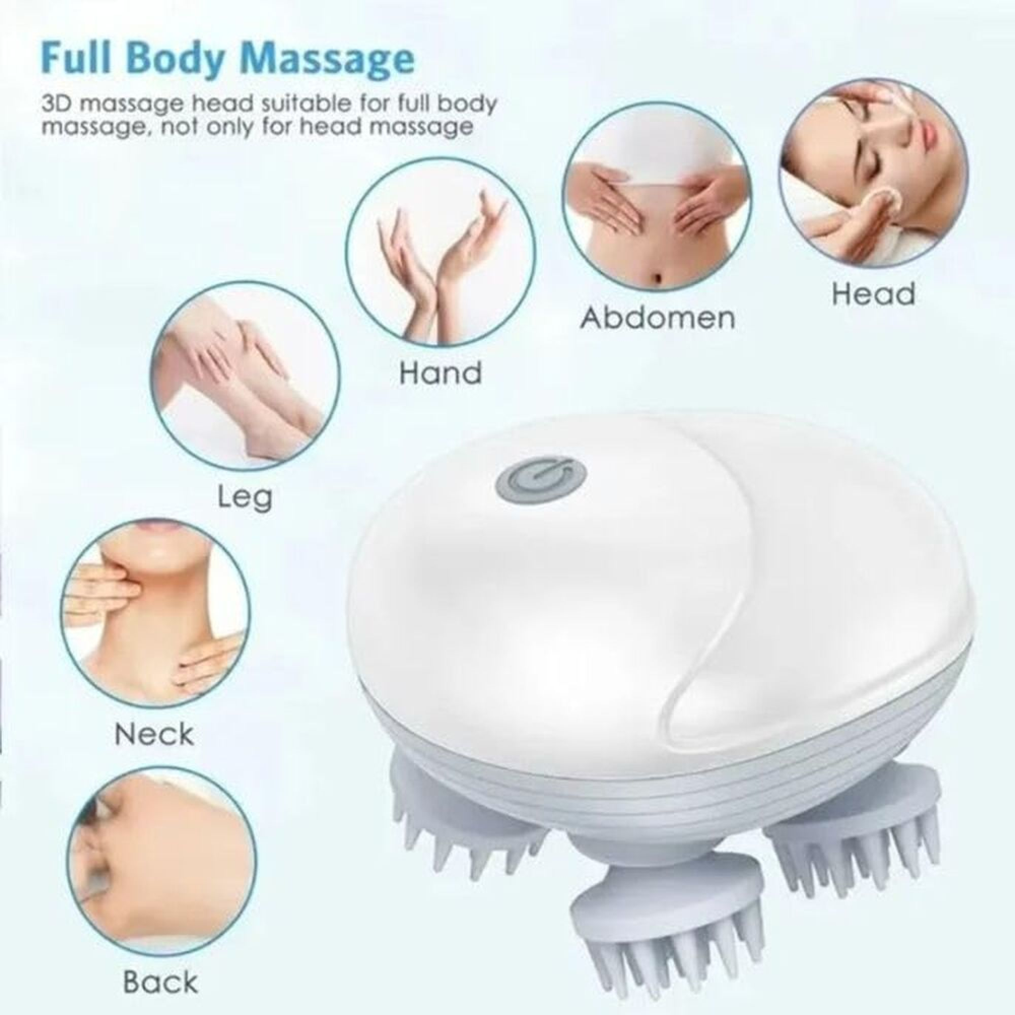 Ein weißes Massagegerät mit Aufsätzen für Beine, Hände, Bauch, Kopf, Nacken und Rücken.