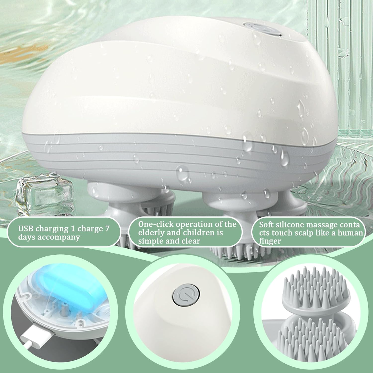 Weißes elektrisches Kopfmassagegerät mit Silikonbürsten, Wassertropfen und drei Detailkreisen unten.