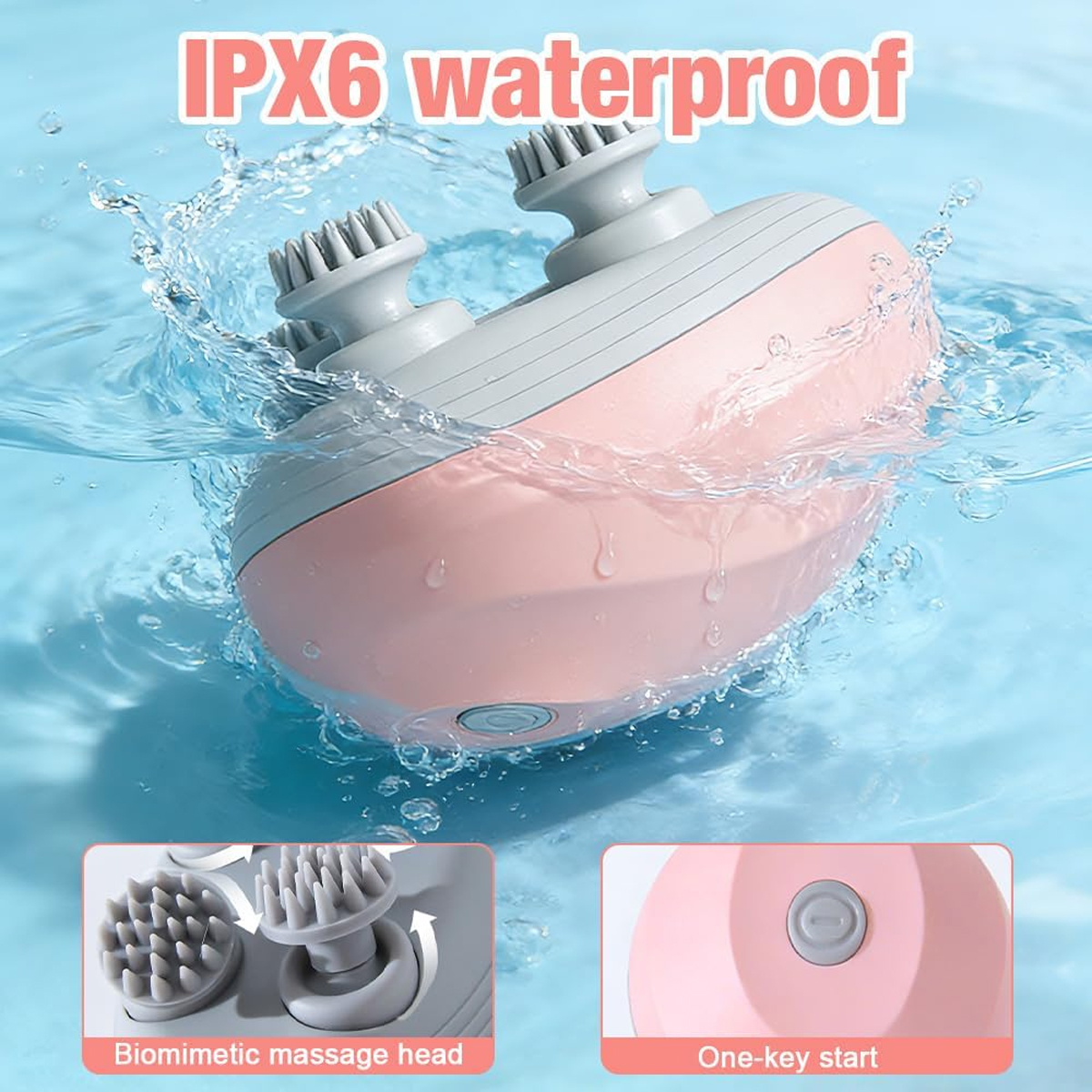 Wasserdichtes rosa Kopfmassagegerät mit rotierenden Silikonbürsten und Ein-Knopf-Start, eingetaucht in Wasser.