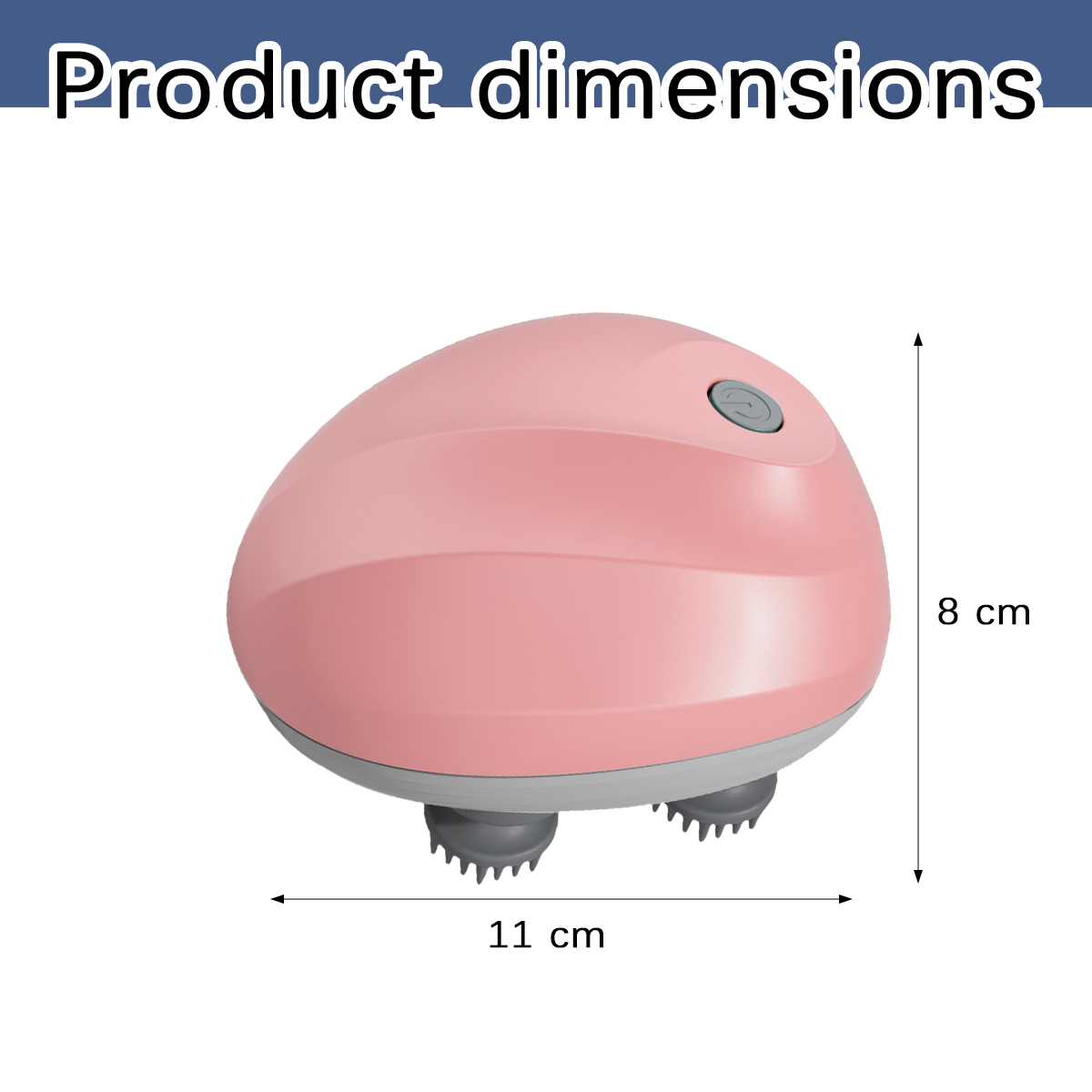 Produktabmessungen zeigen einen pinkfarbenen Kopfmassageapparat von 11 cm Breite und 8 cm Höhe.