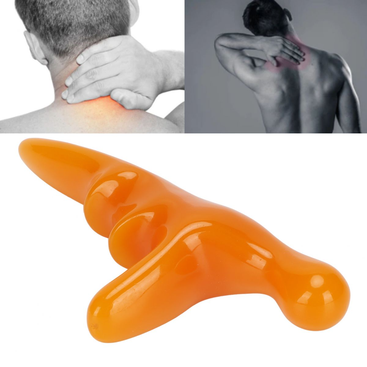 Ein glänzendes, orangefarbenes Massagegerät aus Kunstharz mit ergonomischer Form vor weißem Hintergrund.