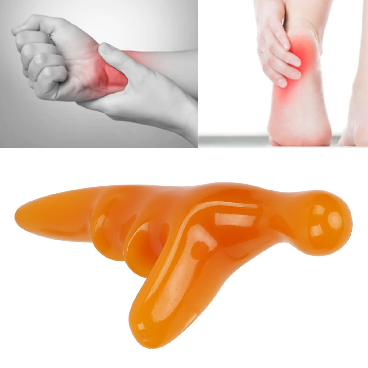 Ein glänzendes, orangefarbenes Massagegerät mit mehreren Fingern auf weißem Hintergrund.