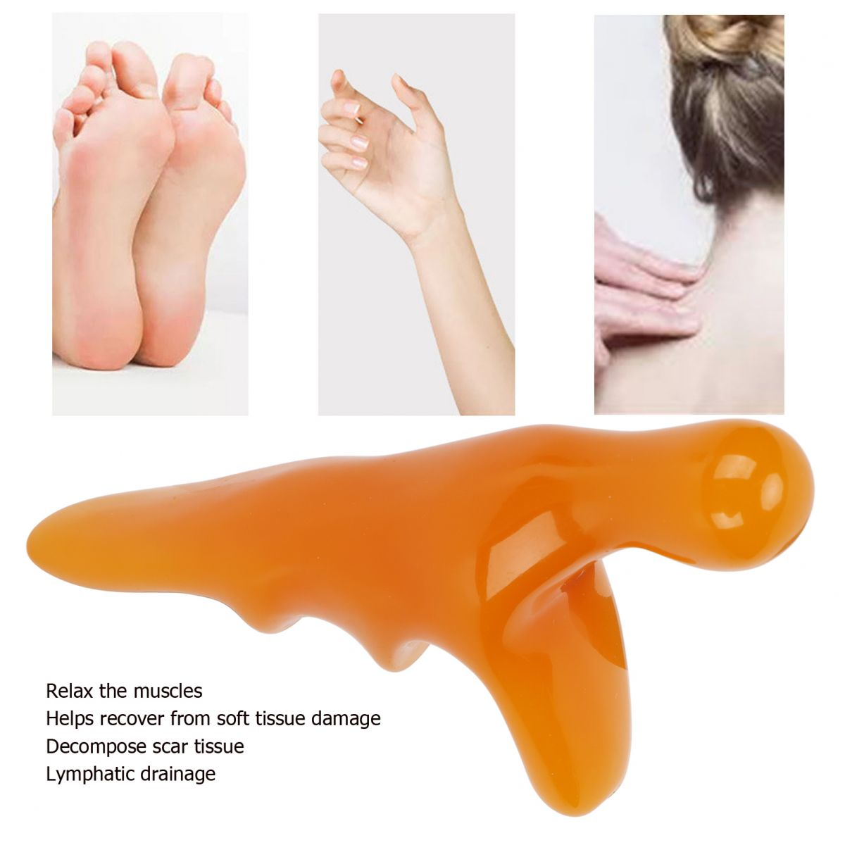 Ein orangefarbenes Massagewerkzeug mit Vorteilen und Bildern von Fuß-, Hand- und Nackenmassagen.