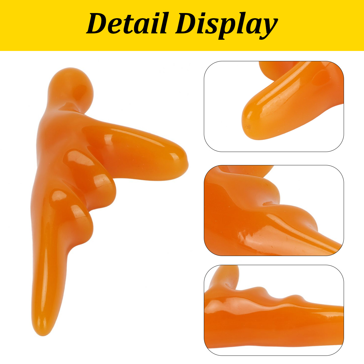 Detailansicht eines orangefarbenen, ergonomisch geformten Massagegeräts mit verschiedenen Ausbuchtungen.