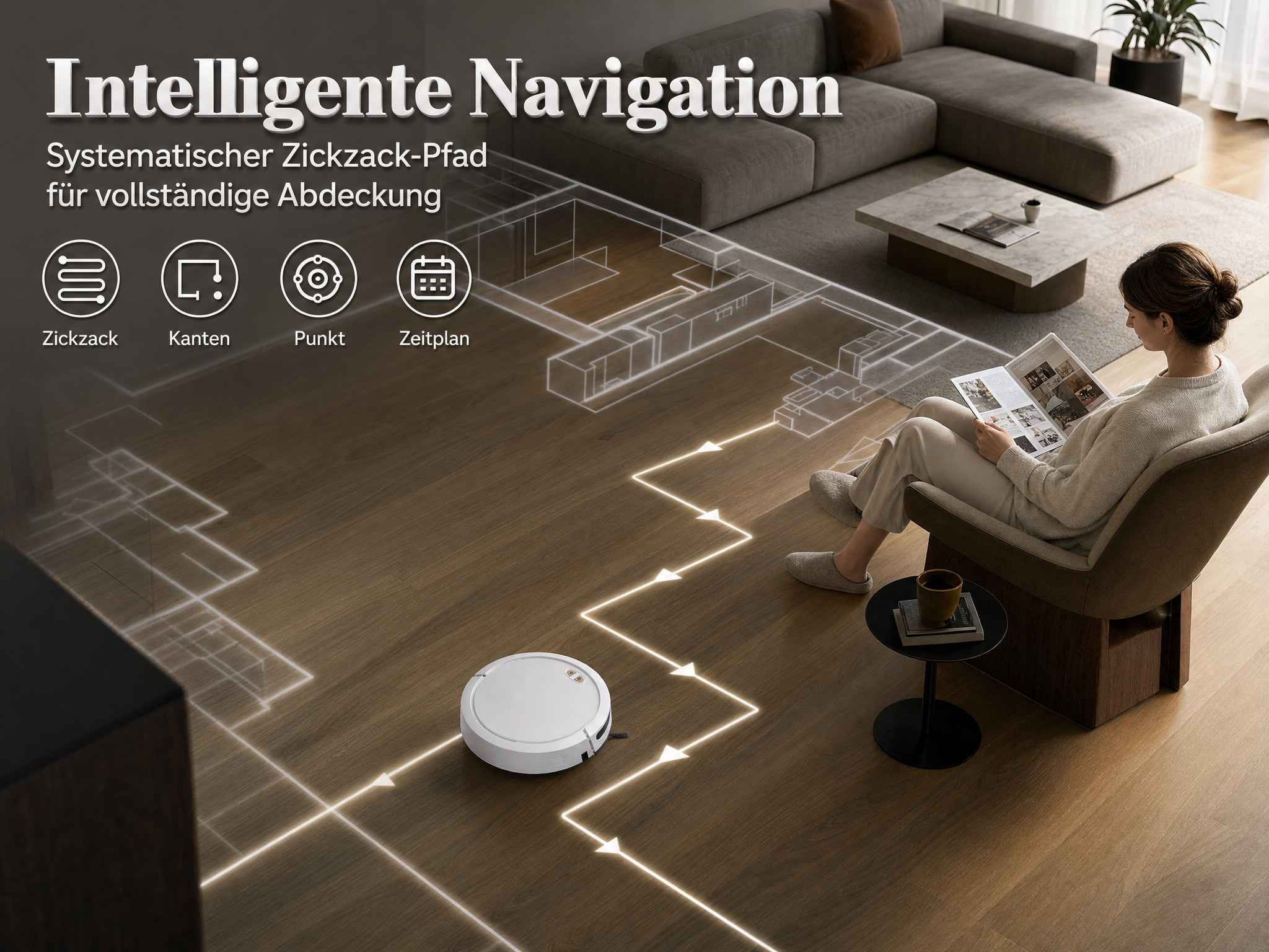 Ein Saugroboter fährt im Zickzack über einen Holzboden in einem modernen Wohnzimmer, während eine Frau liest.