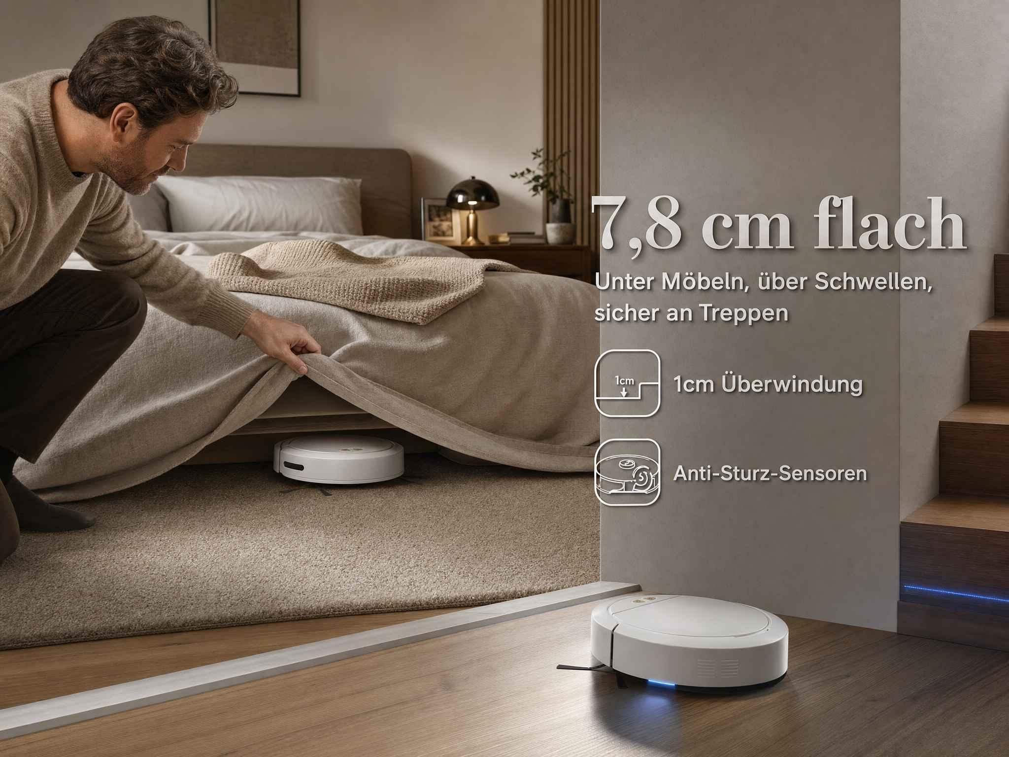 Ein Mann hebt ein Bettlaken an, während ein flacher Saugroboter darunter reinigt, ein zweiter Roboter steht auf dem Flur.