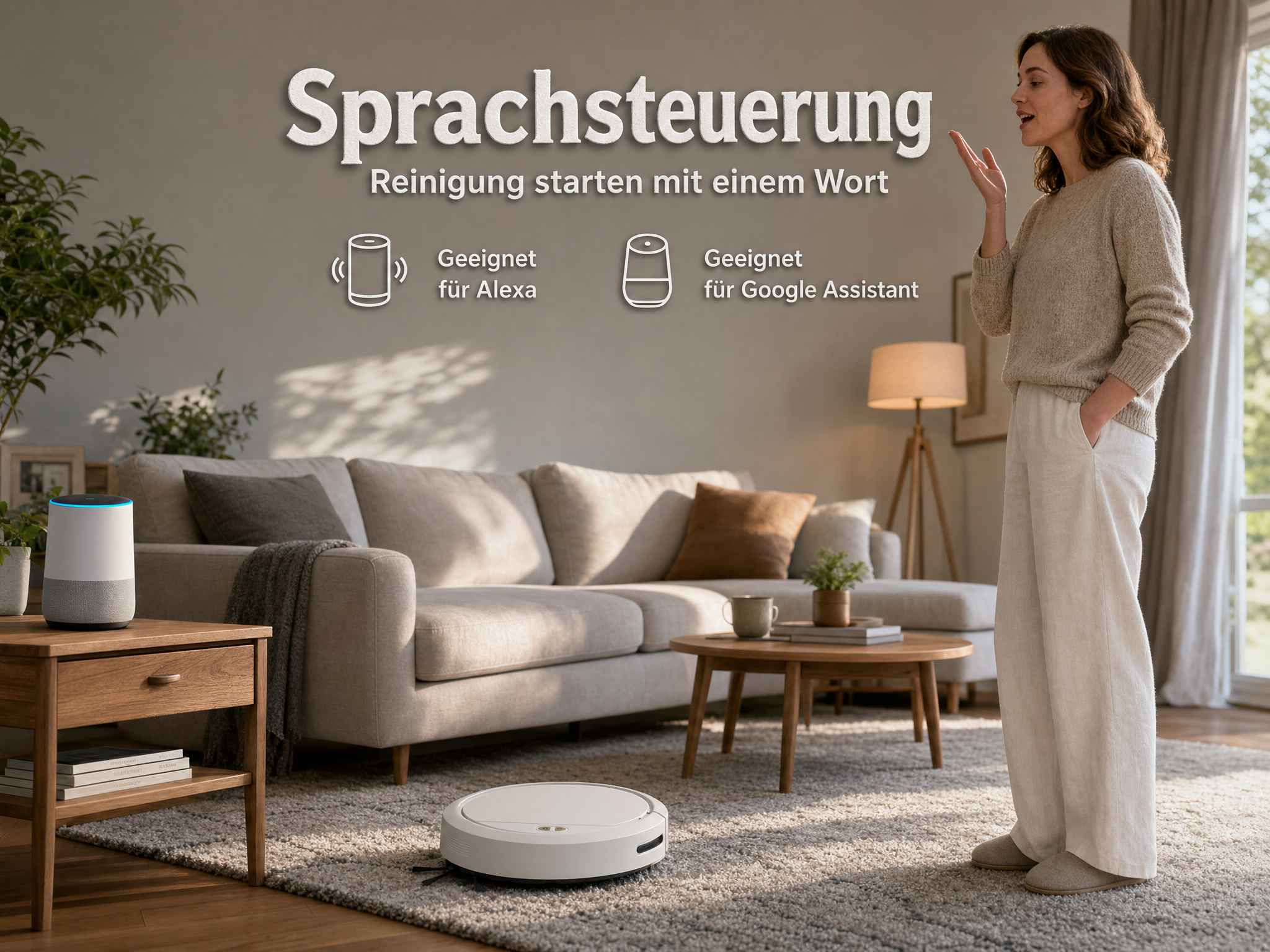 Eine Frau spricht mit einem Sprachassistenten im Wohnzimmer, während ein Saugroboter auf dem Teppich fährt.