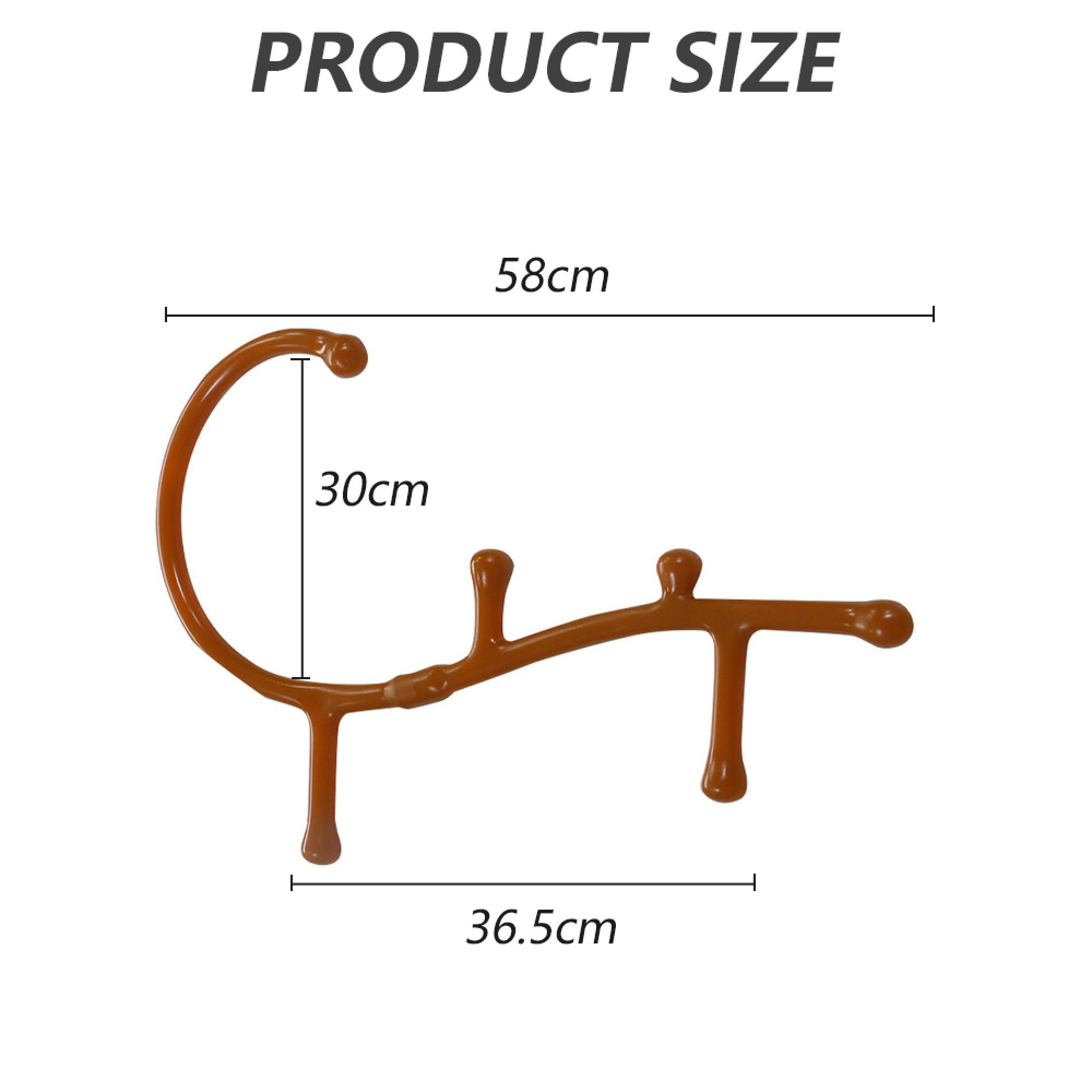 Diagramm zeigt die Maße eines braunen S-förmigen Rückenkratzers mit Knöpfen: 58cm, 30cm und 36.5cm.