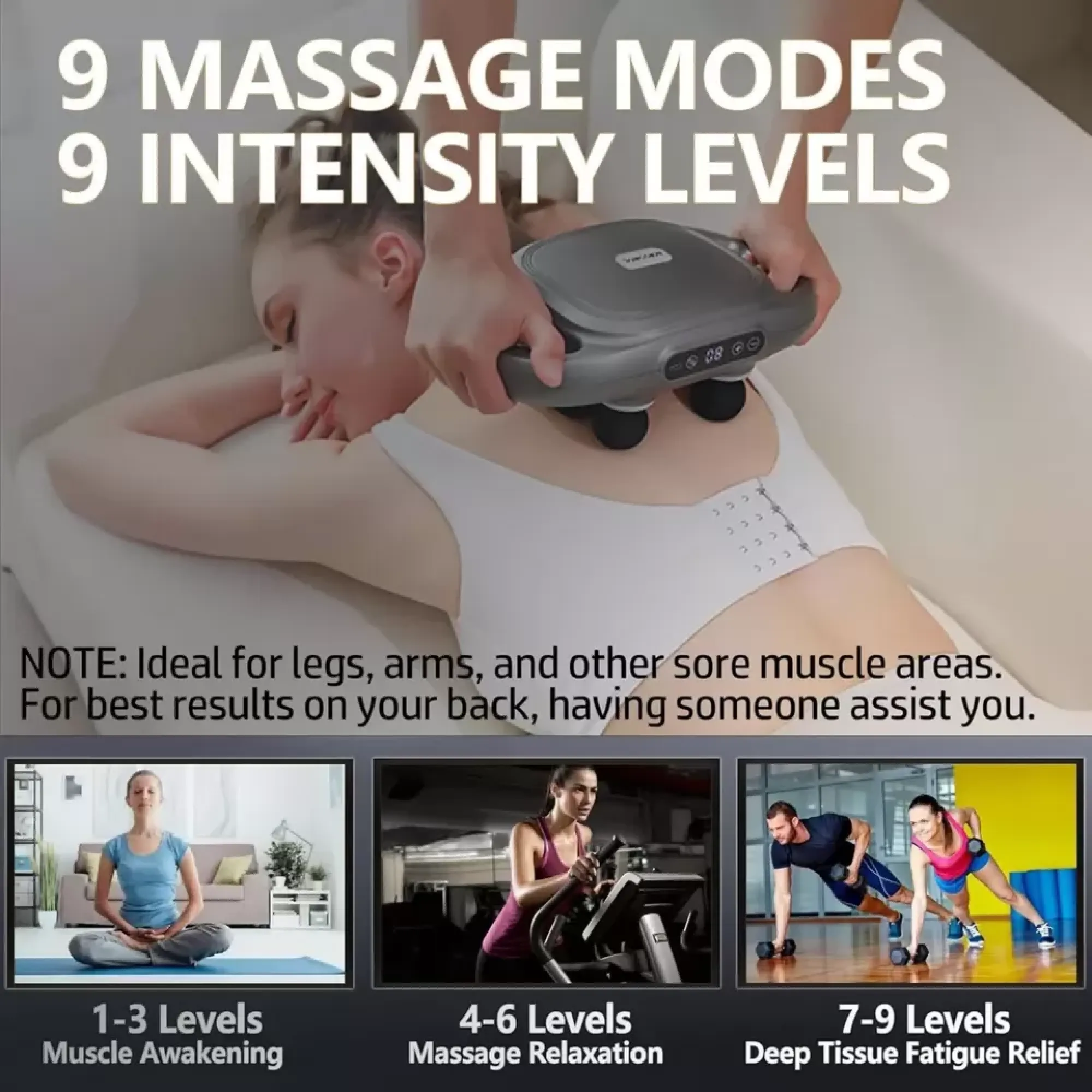 Eine Person bekommt mit einem tragbaren Massagegerät auf dem Rücken eine Massage, darunter drei erklärende Bilder.