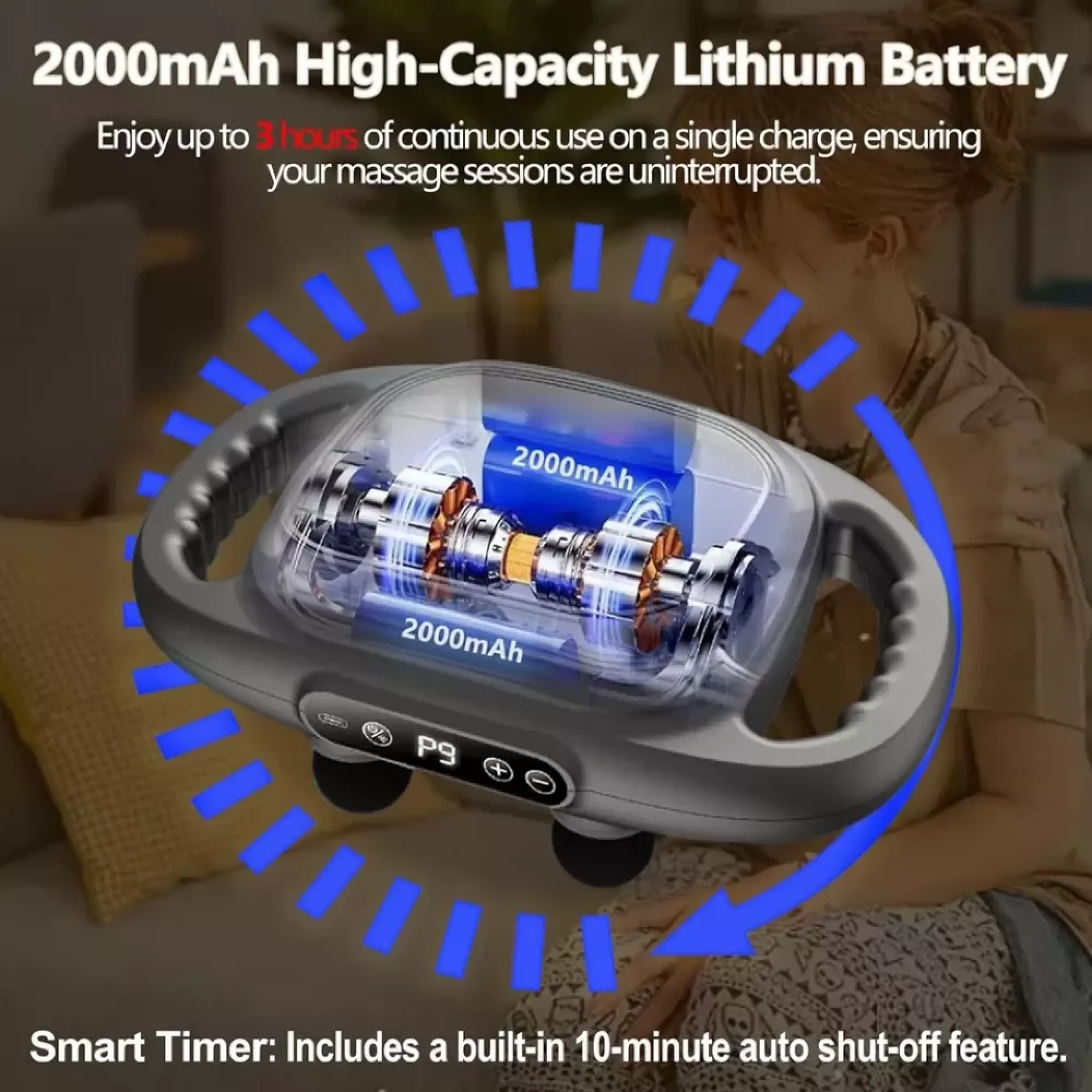 Ein Massagegerät mit 2000mAh-Akku und Innenleben, mit Text über Batterielebensdauer und intelligenten Timer.