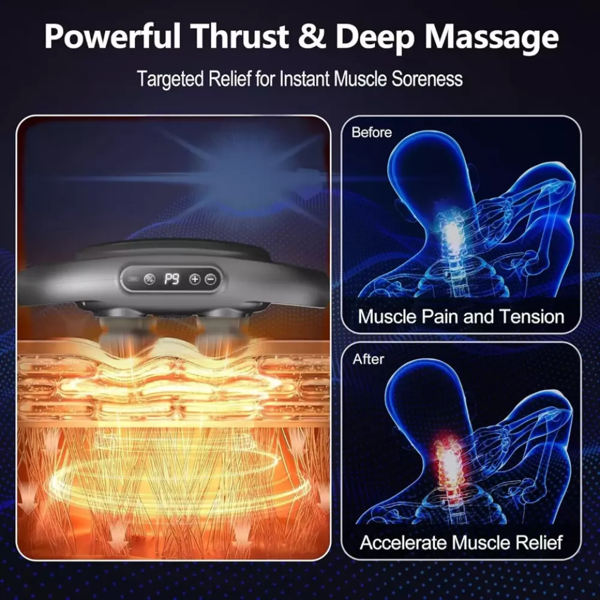 Gerät für tiefe Massage zeigt Muskelentspannung vor und nach der Anwendung.