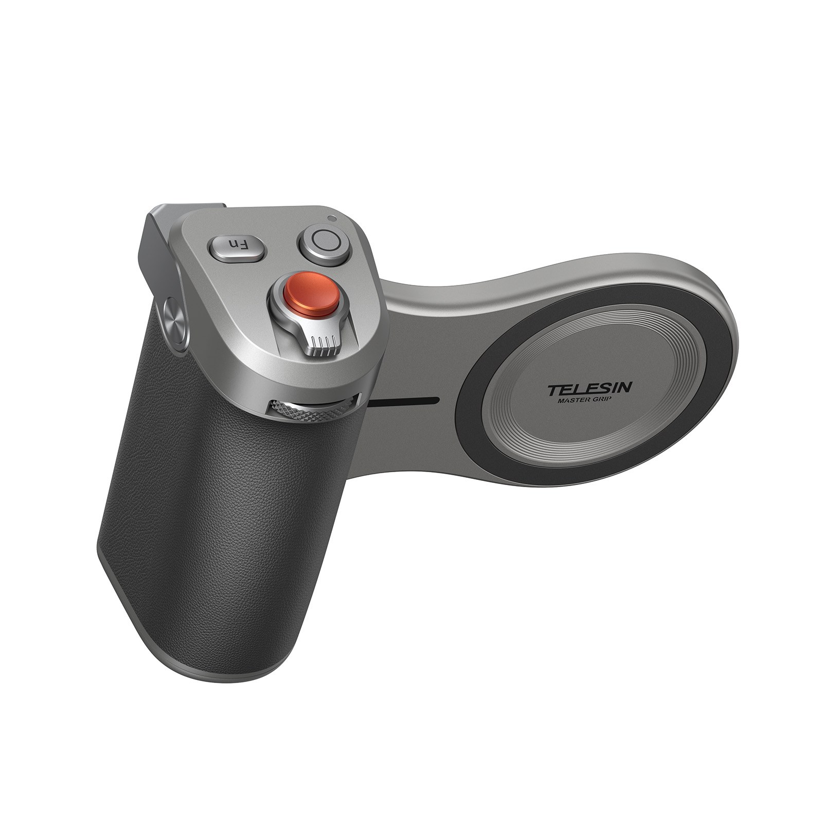 Een grijze en zwarte Telesin Master Grip met oranje knop, zilveren bedieningselementen en getextureerde handgreep.