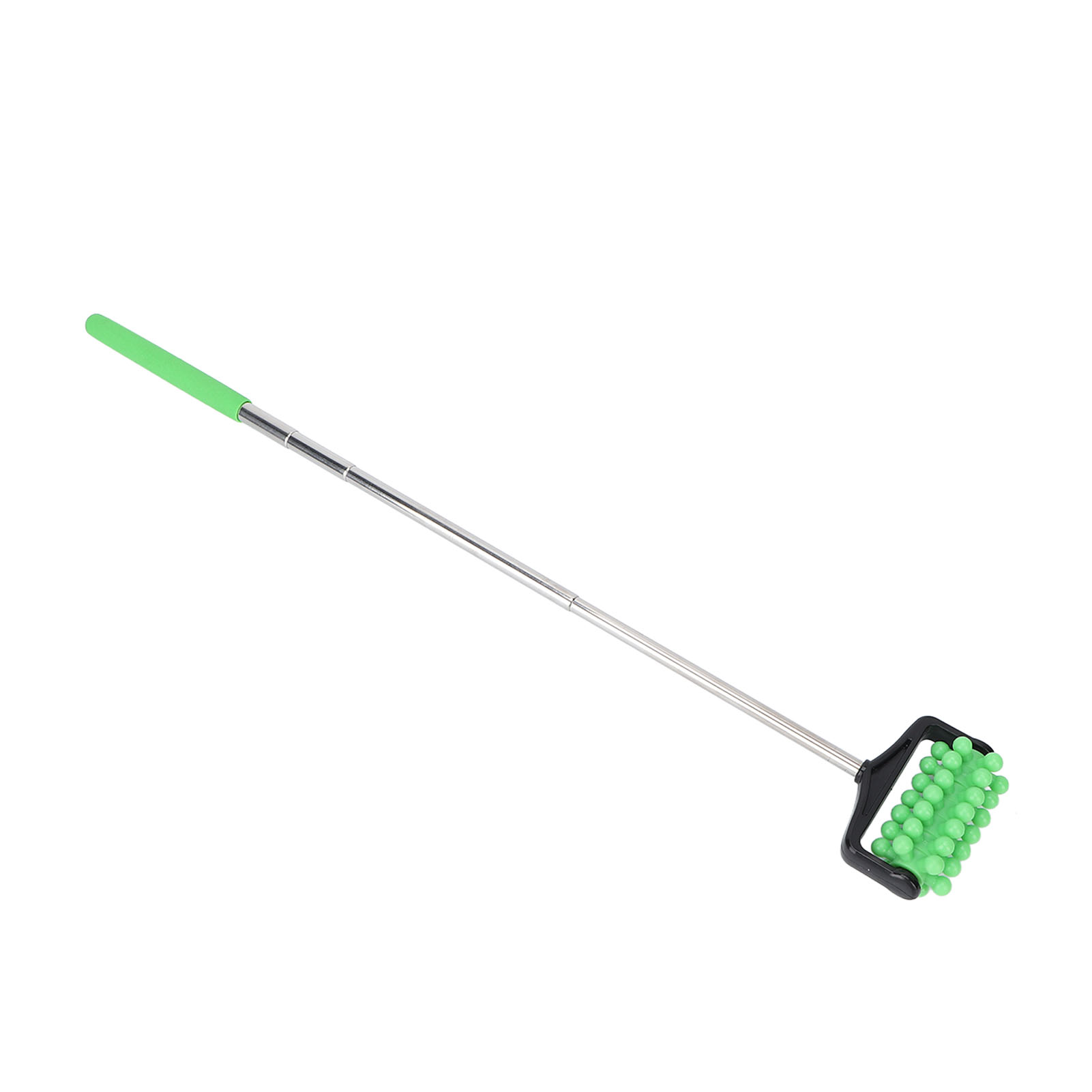 Ein Teleskop-Massagegerät mit grünem Griff und genoppter grüner Rolle an der Spitze.