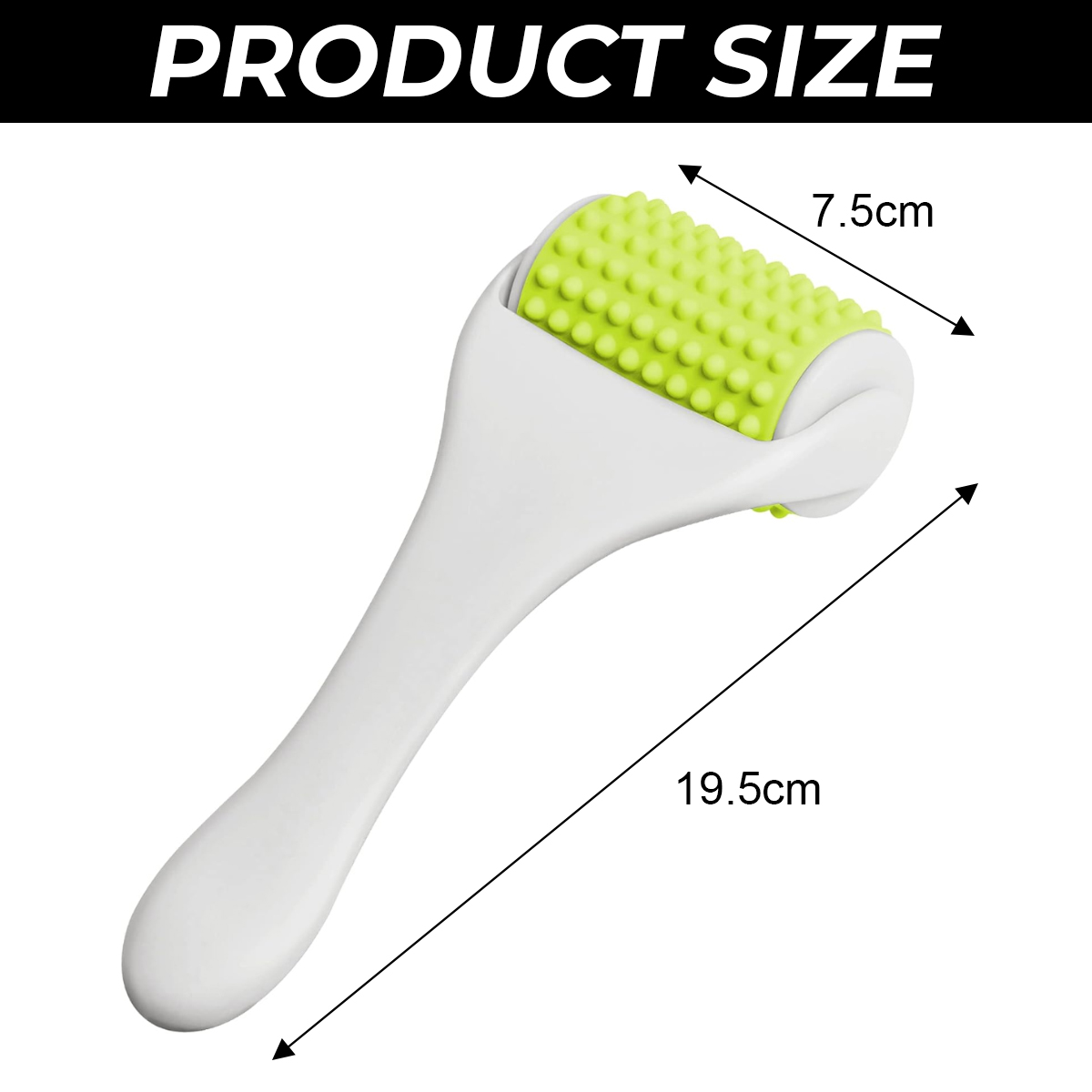 Produktgröße: Weißer Massageroller mit hellgrüner, genoppter Walze, 19,5 cm lang und 7,5 cm breit.