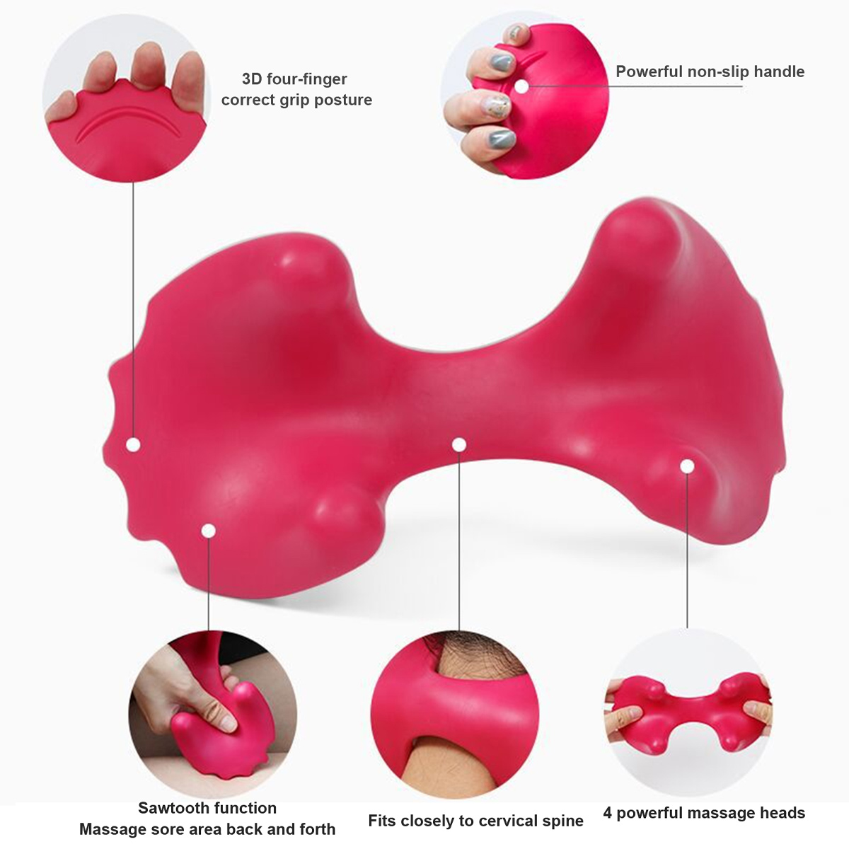 Ein pinkfarbenes, ergonomisches Massagewerkzeug für den Nacken mit vier runden Massageköpfen und verschiedenen Griffen.
