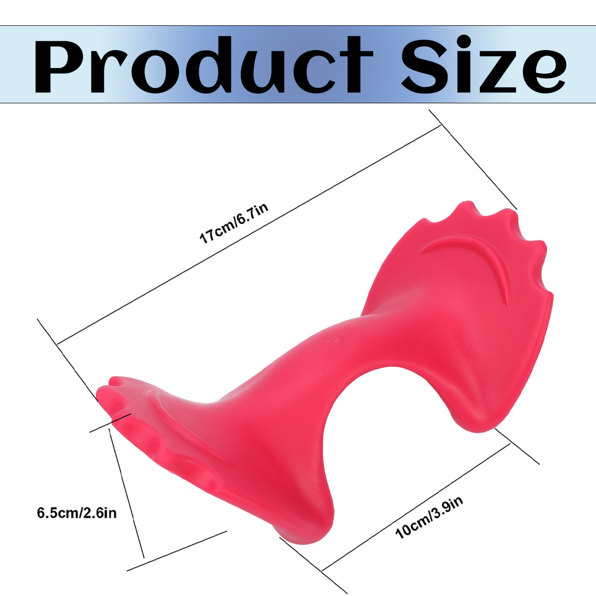 Produktgröße zeigt ein pinkes Silikonwerkzeug mit den Maßen 17cm, 10cm und 6.5cm.