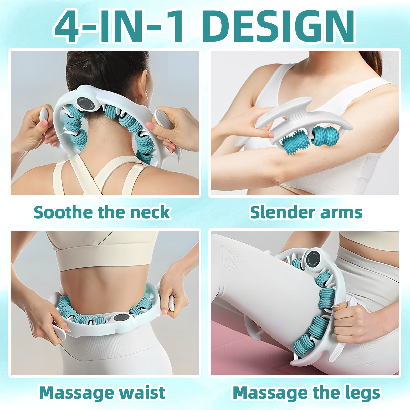 Vier Bilder zeigen die Anwendung eines blauen Massagegeräts an Hals, Armen, Taille und Beinen.