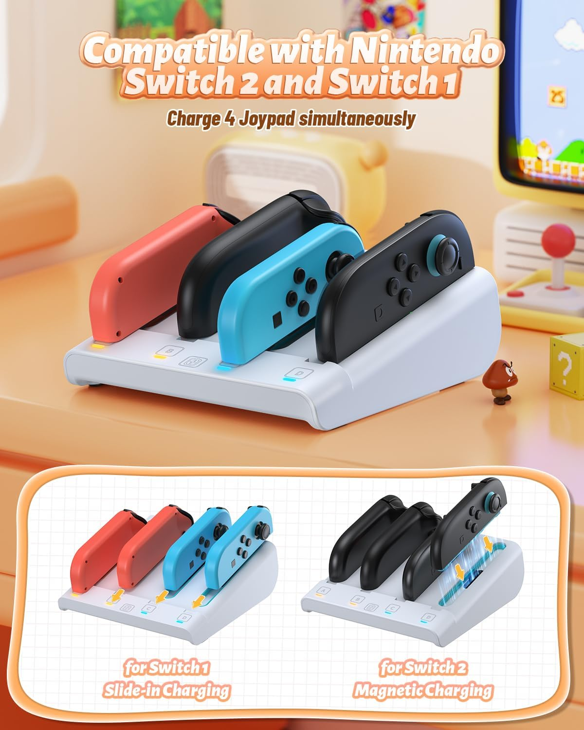 Weiße Ladestation für vier Joy-Con-Controller mit farbigen Joy-Cons in Rot, Schwarz und Blau.