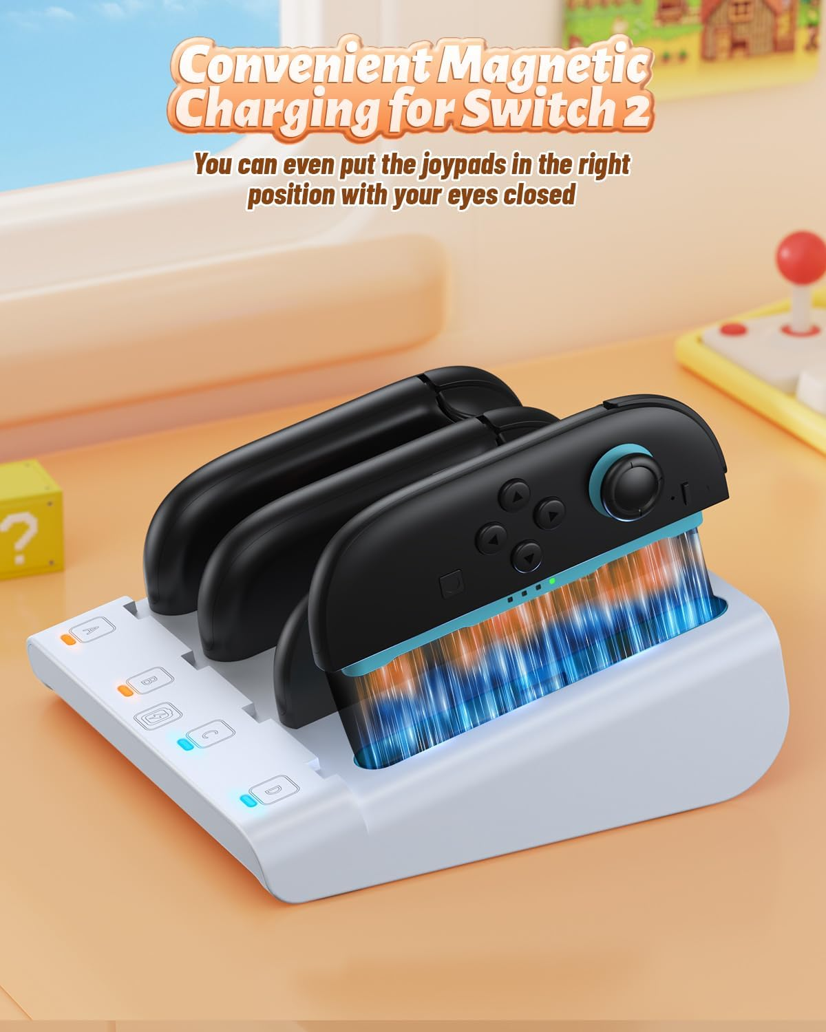 Eine weiße Ladestation mit vier schwarzen Joy-Cons und blauen Ladelichtern.