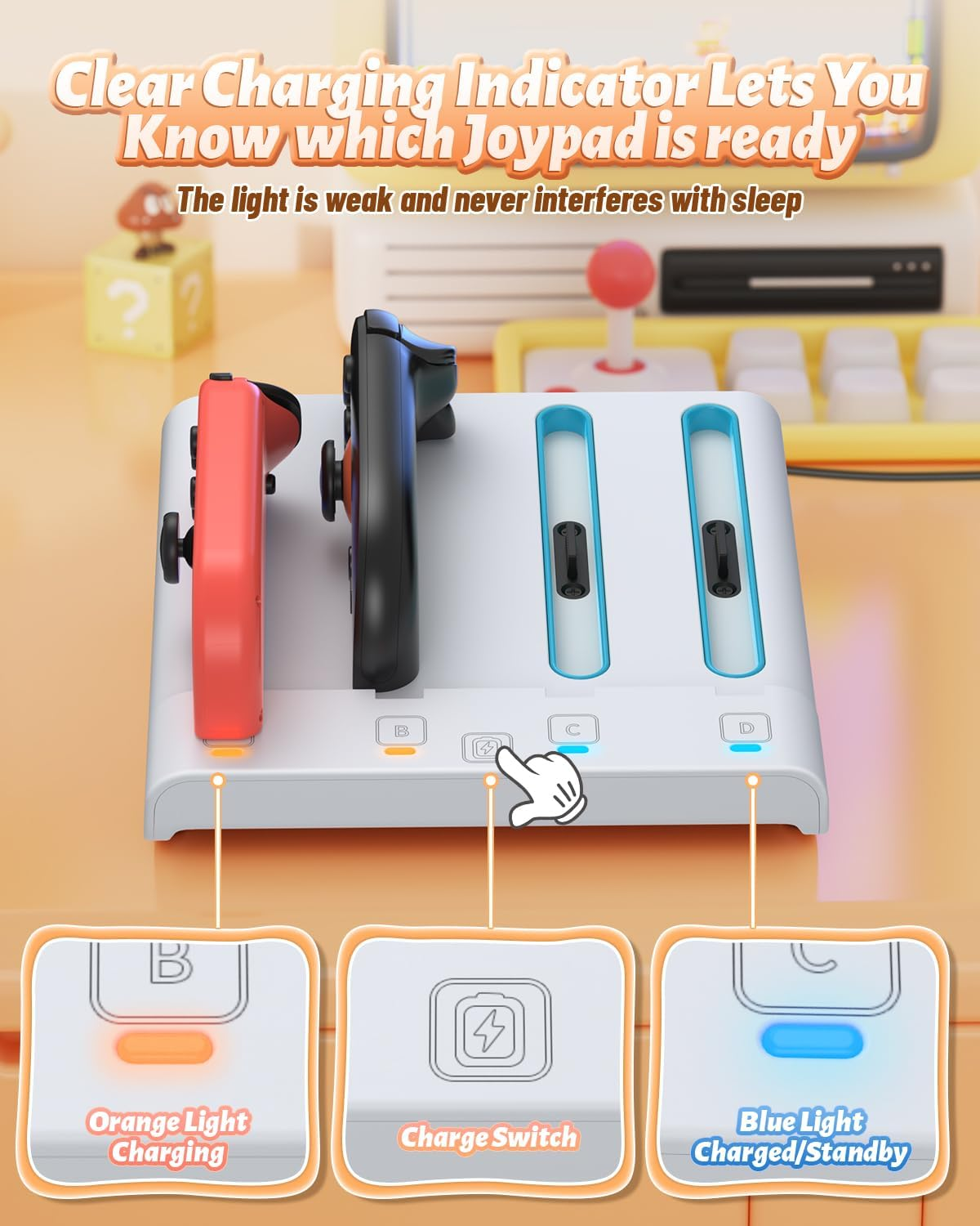 Eine weiße Ladestation für zwei Controller zeigt orangefarbene und blaue Statuslichter.