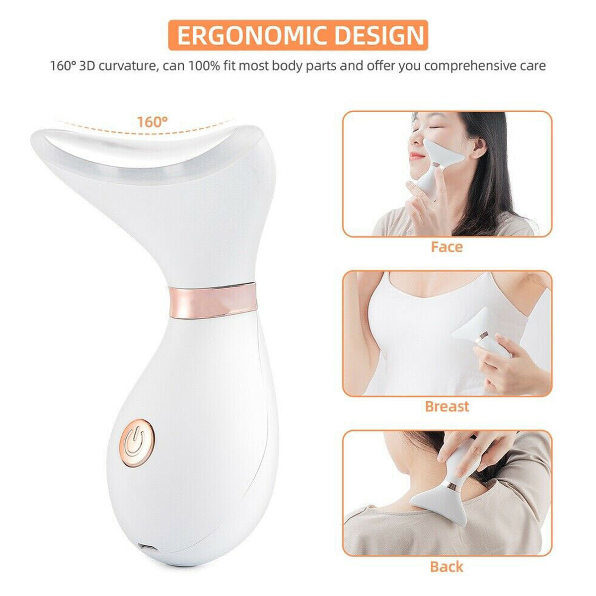 Weißes ergonomisches Massagegerät für Gesicht, Brust und Rücken mit 160-Grad-Kurve.