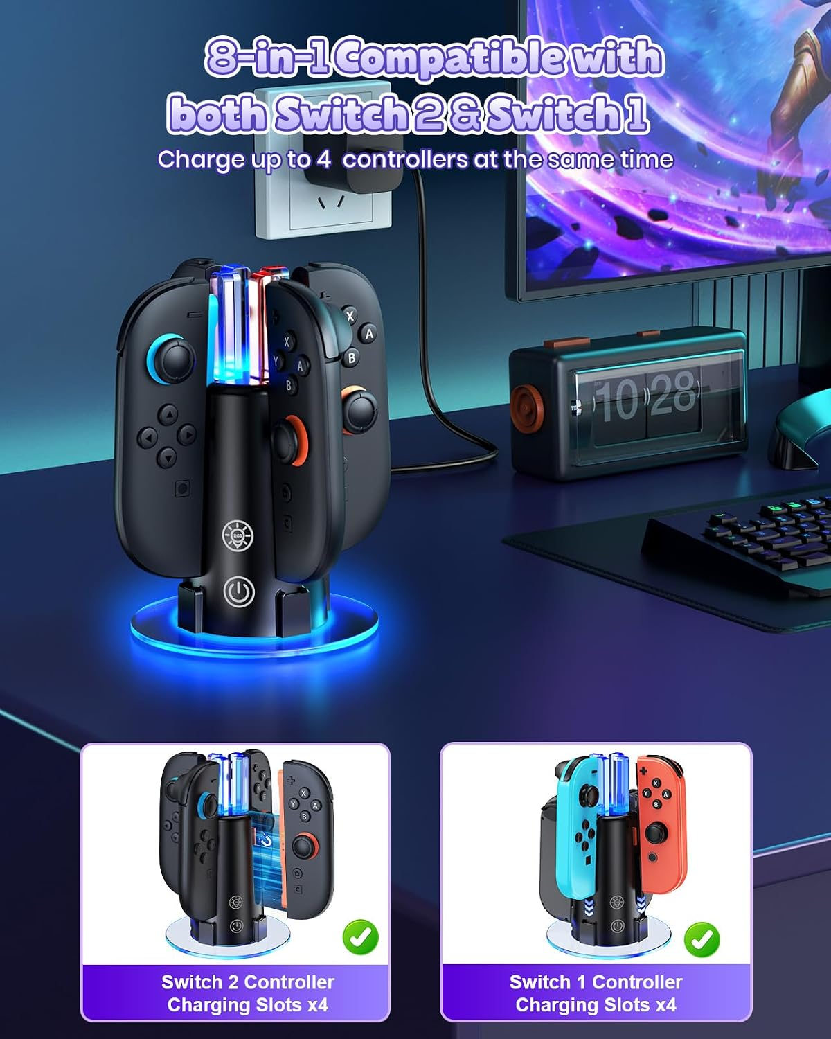 Eine schwarze 8-in-1 Ladestation für Switch-Controller mit blauem Licht auf einem Schreibtisch.