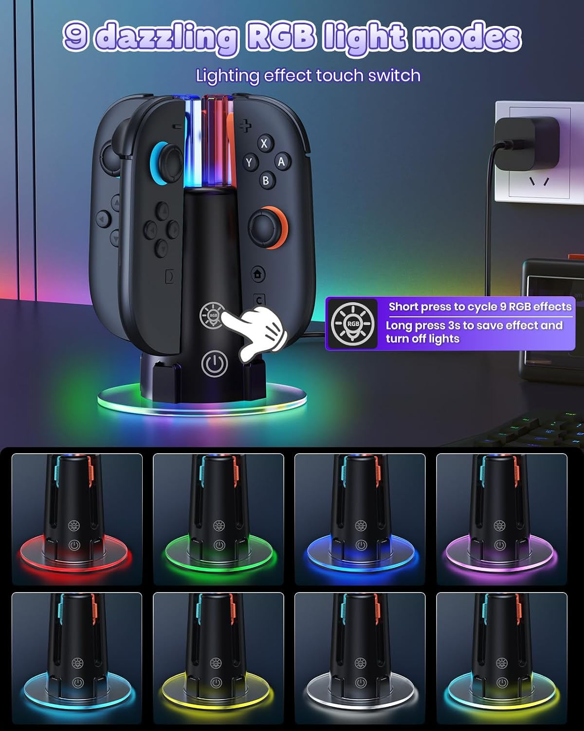 Schwarze Ladestation für Controller mit RGB-Beleuchtung und 9 verschiedenen Lichtmodi auf einem Tisch.