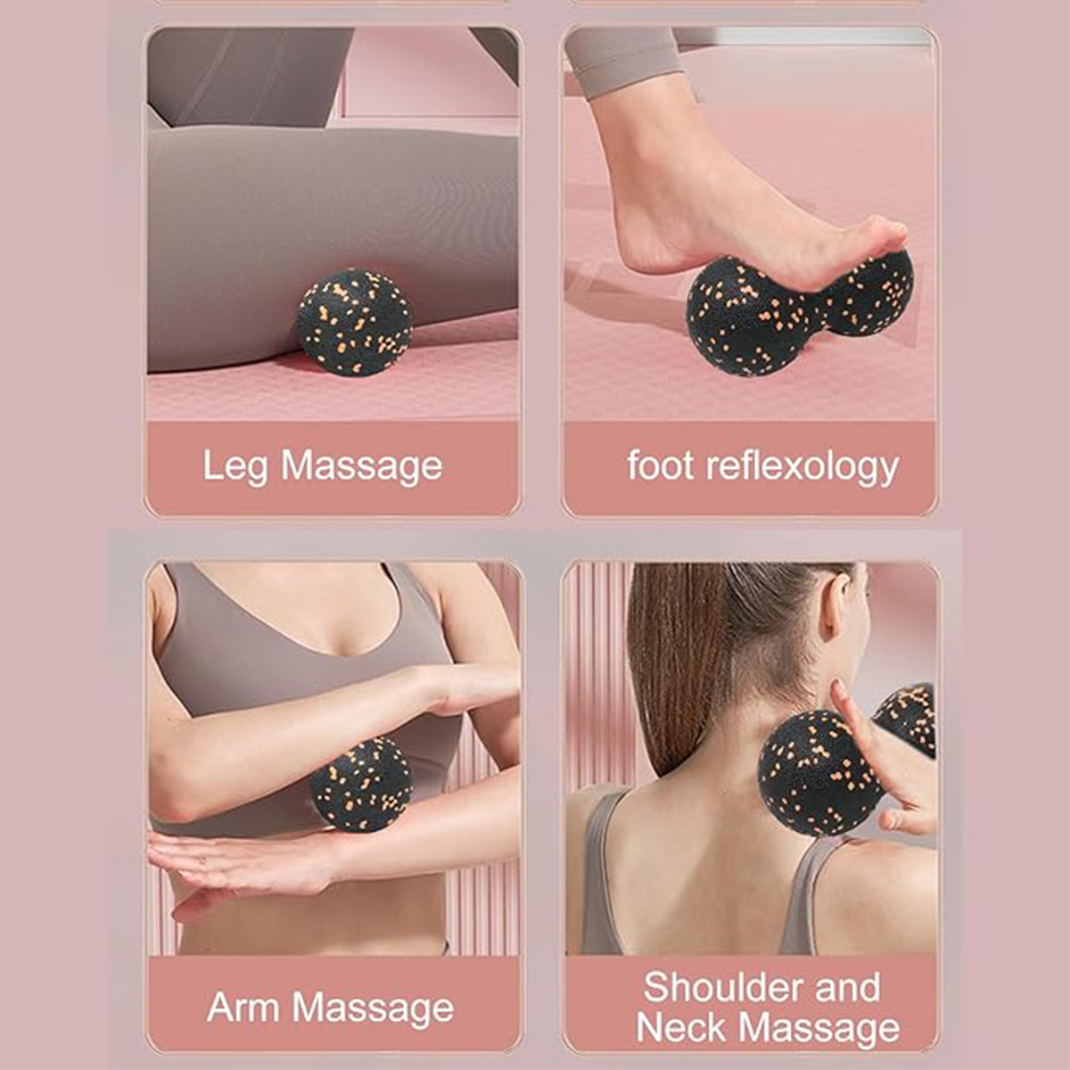 Vier Bilder zeigen Übungen mit einer Massagerolle für Beine, Füße, Arme und Nacken.