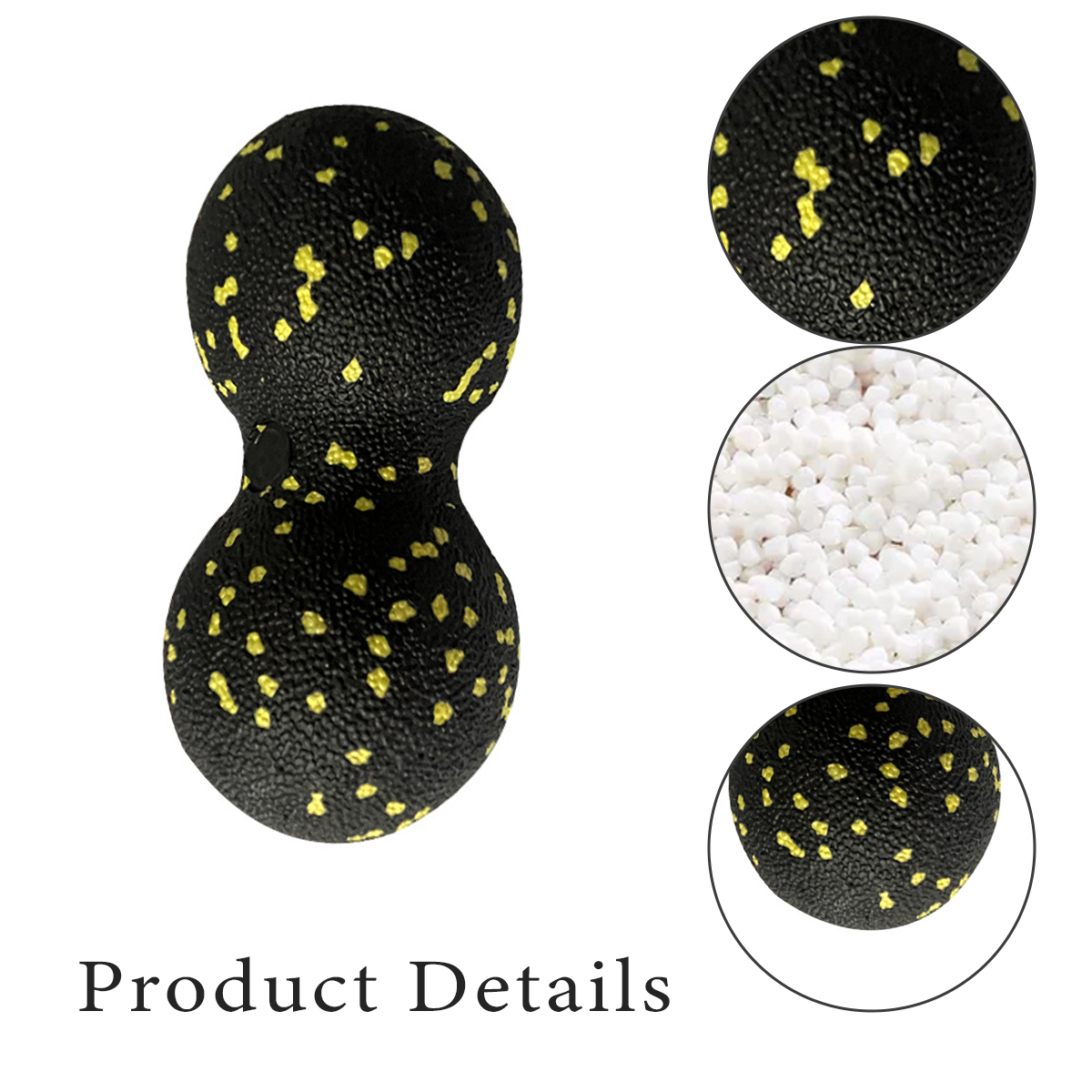 Schwarze Doppel-Massageball mit gelben Flecken und Detailaufnahmen von Textur und weißem Schaumstoff.