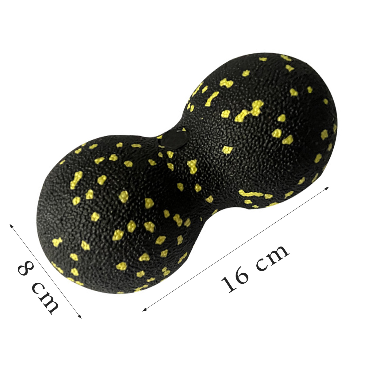Schwarze Doppel-Massageball mit gelben Flecken, 16 cm lang und 8 cm breit.