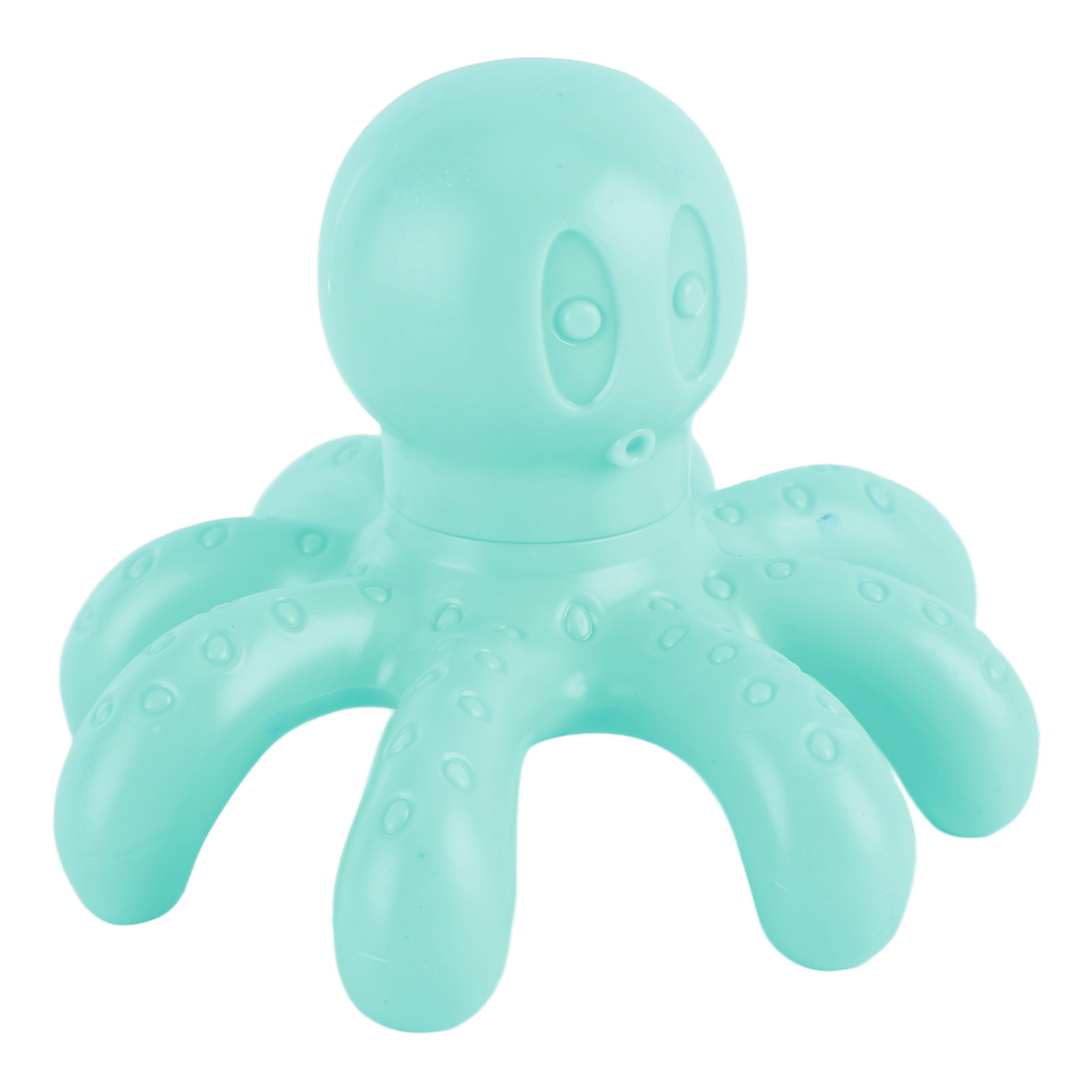 Ein hellblaues Oktopus-Spielzeug aus Plastik mit kleinen Noppen auf den Tentakeln auf weißem Hintergrund.