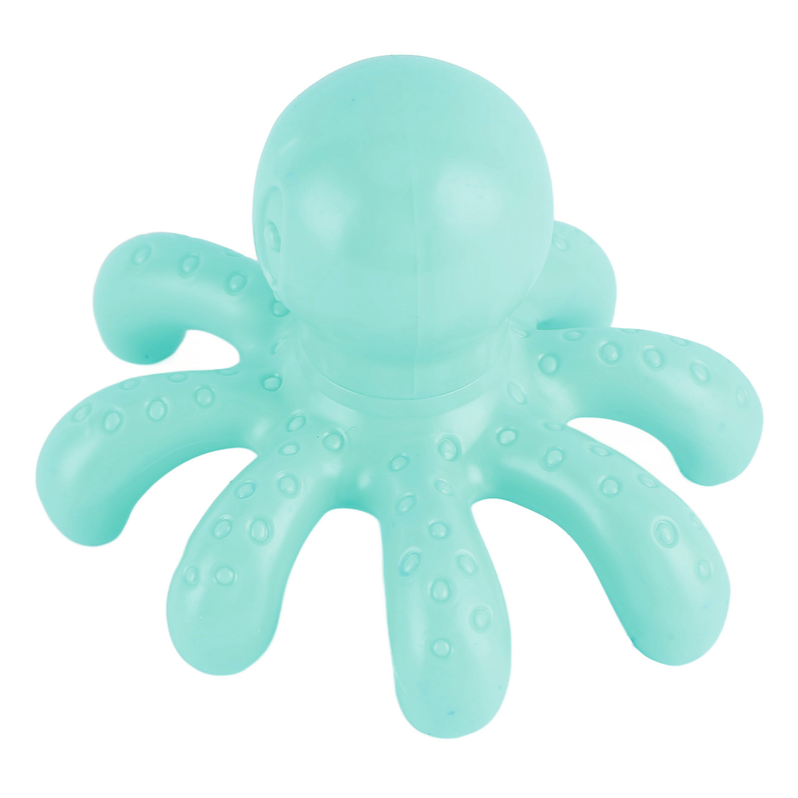 Ein hellblauer Spielzeugoktopus aus Gummi mit strukturierten Tentakeln vor weißem Hintergrund.