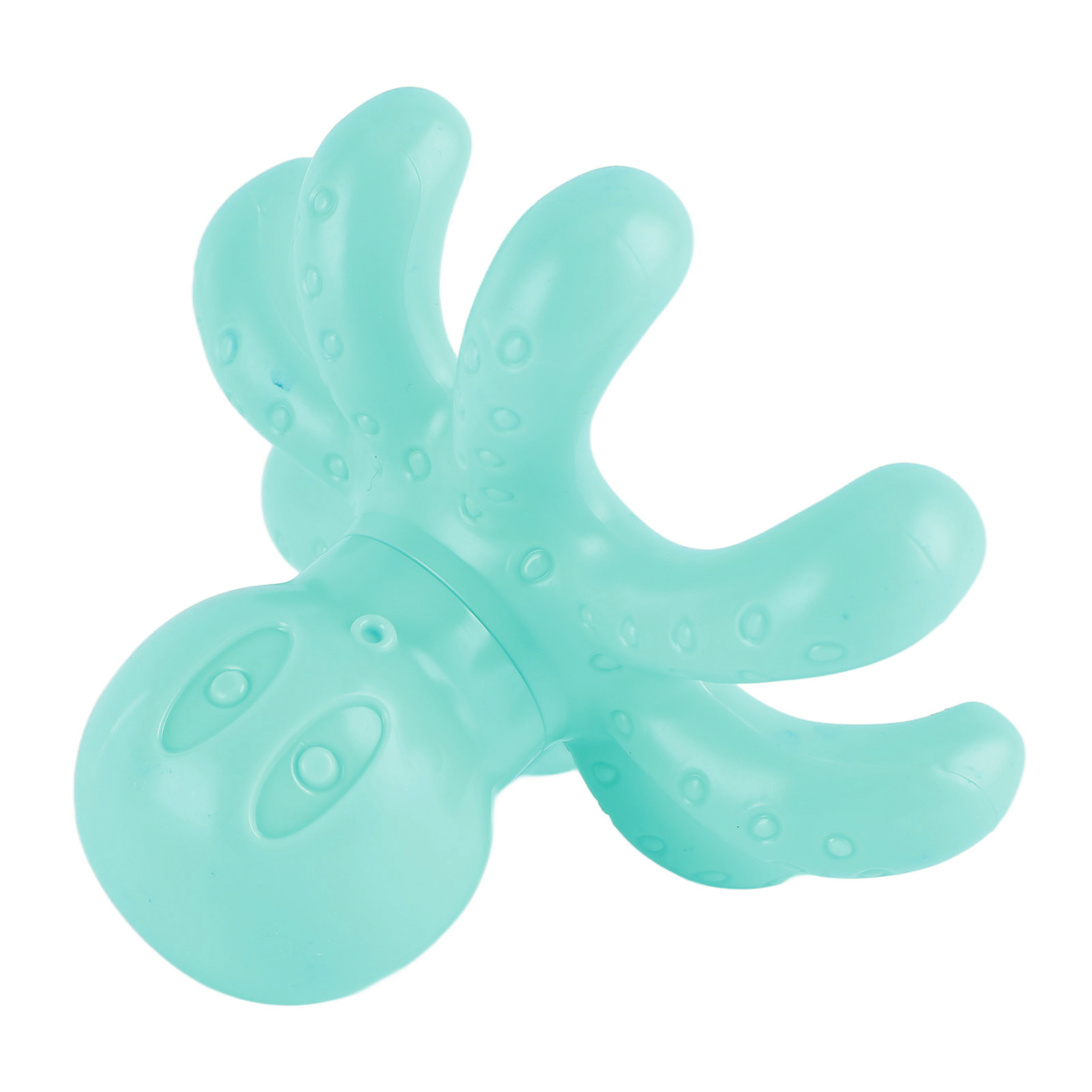 Ein türkisblauer Oktopus aus Plastik mit runden Augen und Noppen auf den Armen.