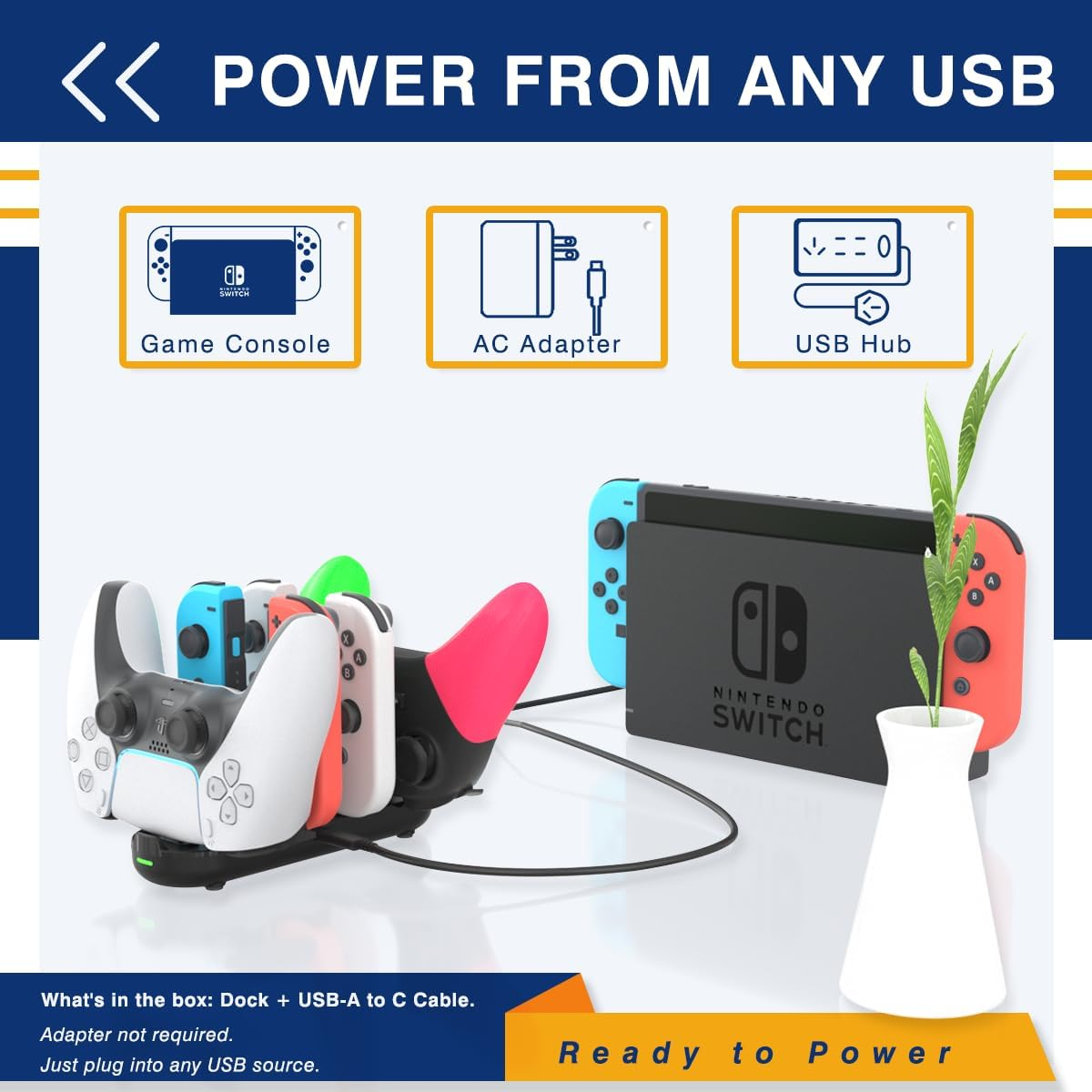 Nintendo Switch-Ladestation mit angeschlossenen Controllern und Konsolen im Hintergrund.