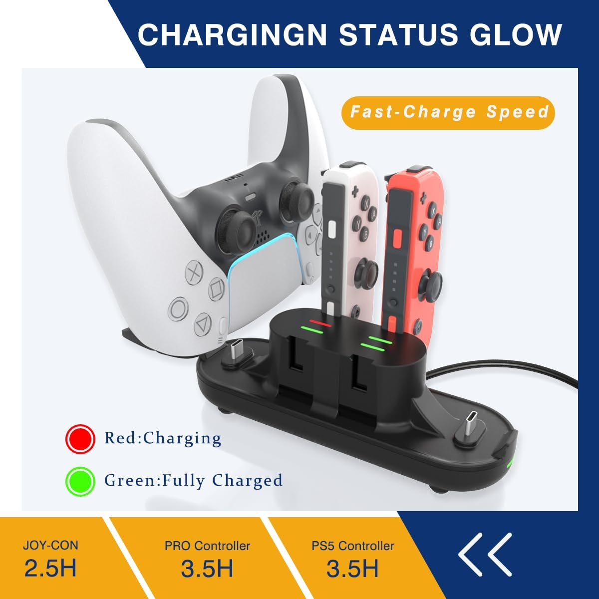 Eine schwarze Ladestation hält einen weißen PS5-Controller und zwei Switch Joy-Cons mit Ladeanzeige.