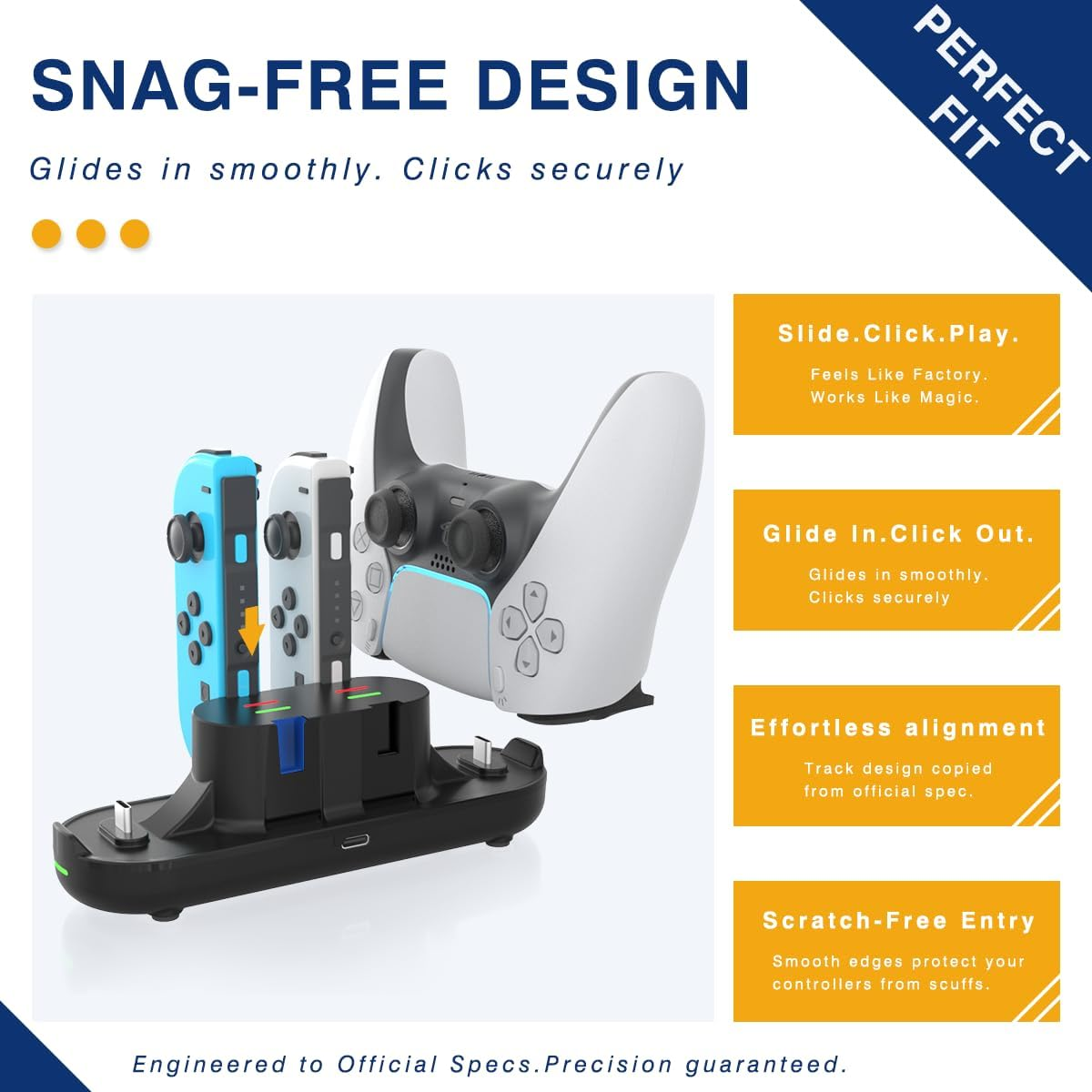 Eine Ladestation für Gamepad-Controller mit blauen und weißen Joy-Cons und einem weißen PlayStation-Controller.