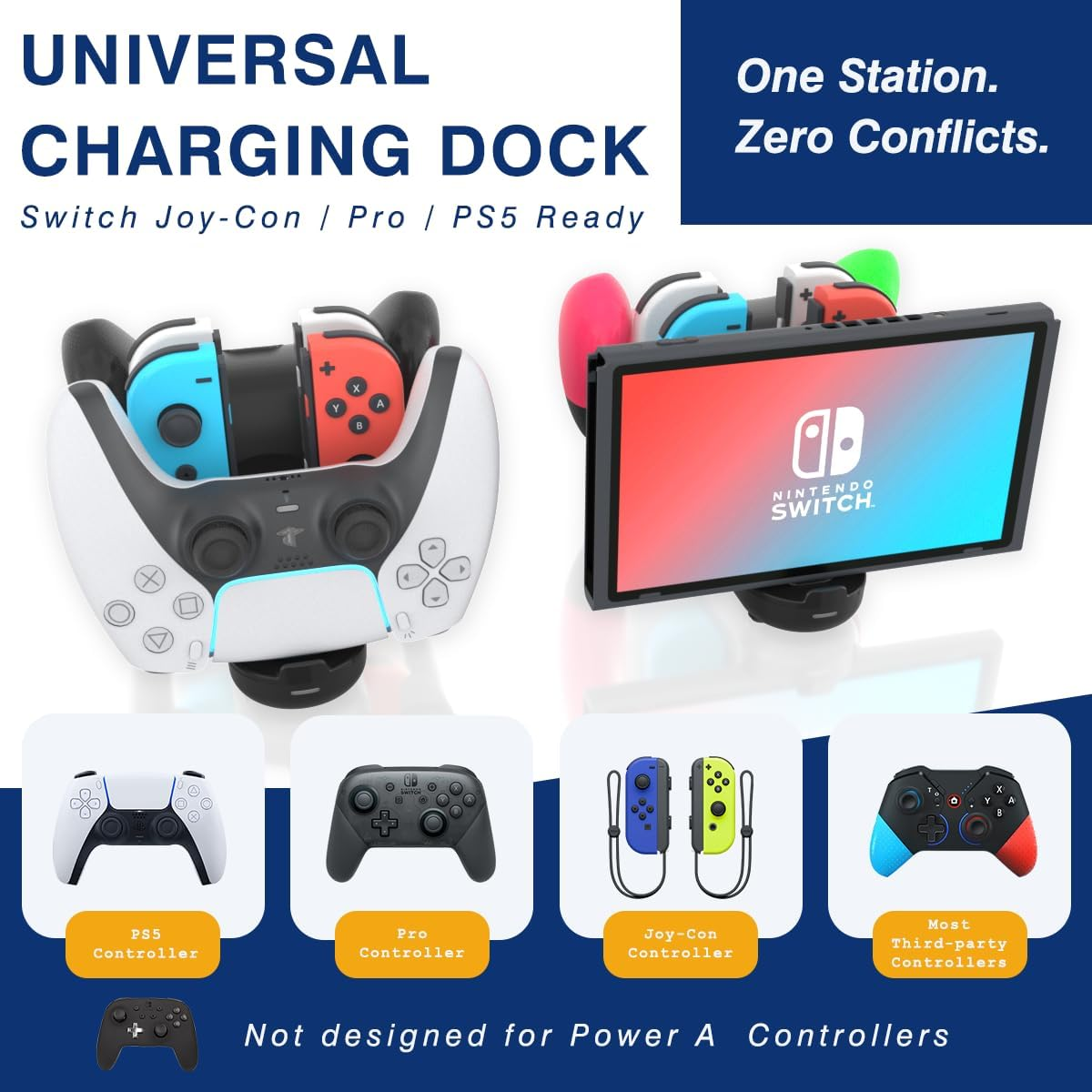 Universal-Ladestation für PS5, Switch Joy-Con, Pro- und Drittanbieter-Controller.