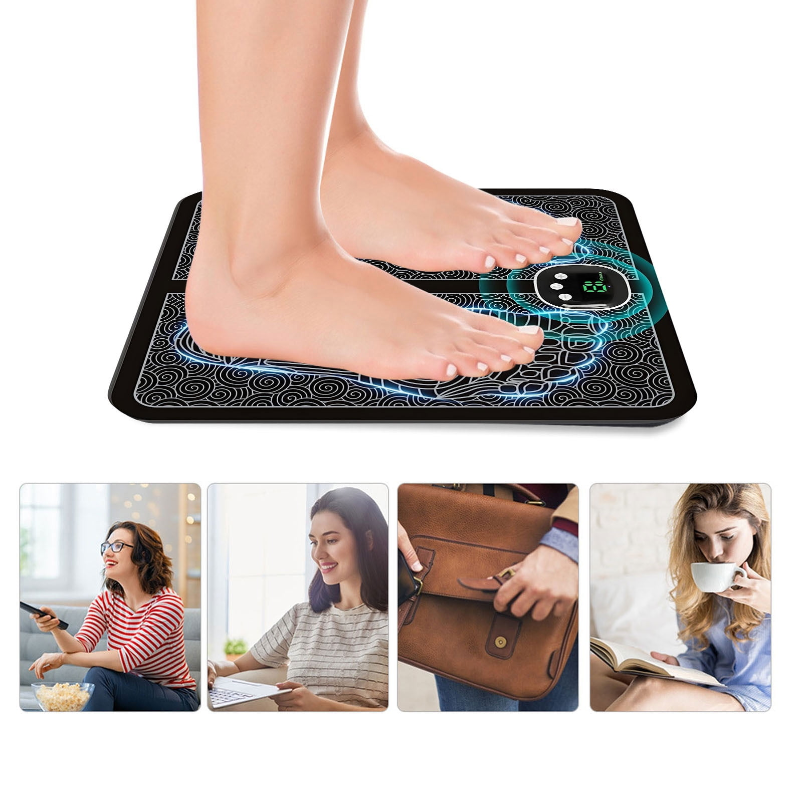 Barfüße auf einem schwarzen elektronischen Fußmassagegerät mit vier Einlegefotos von Anwendungsszenarien.
