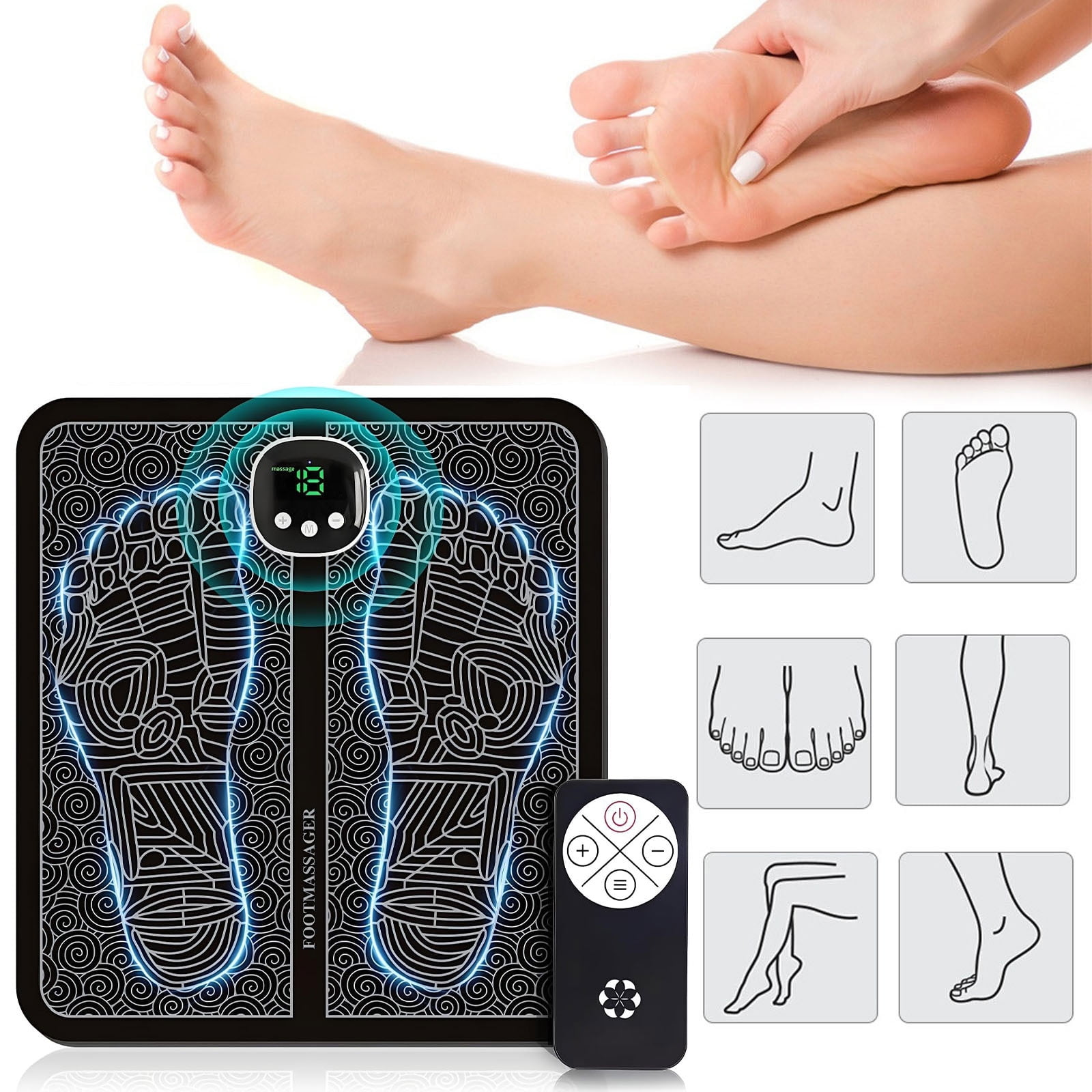 Ein elektrisches Fußmassagematte mit Fernbedienung und Diagrammen zur Fußpflege.