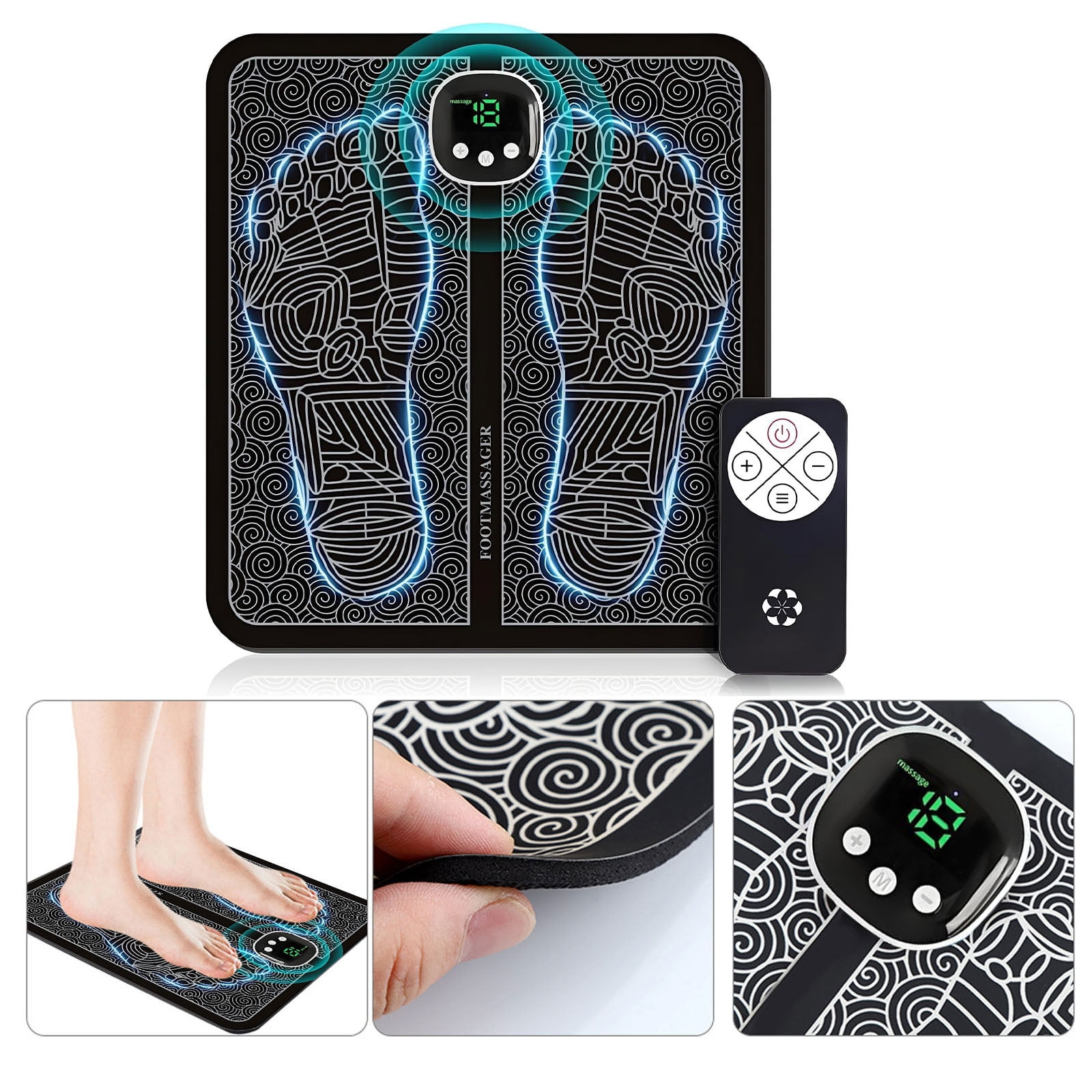 Schwarze Fußmassagematte mit weißem Muster, Fernbedienung und Display, unten drei Insets mit Anwendungsdetails.