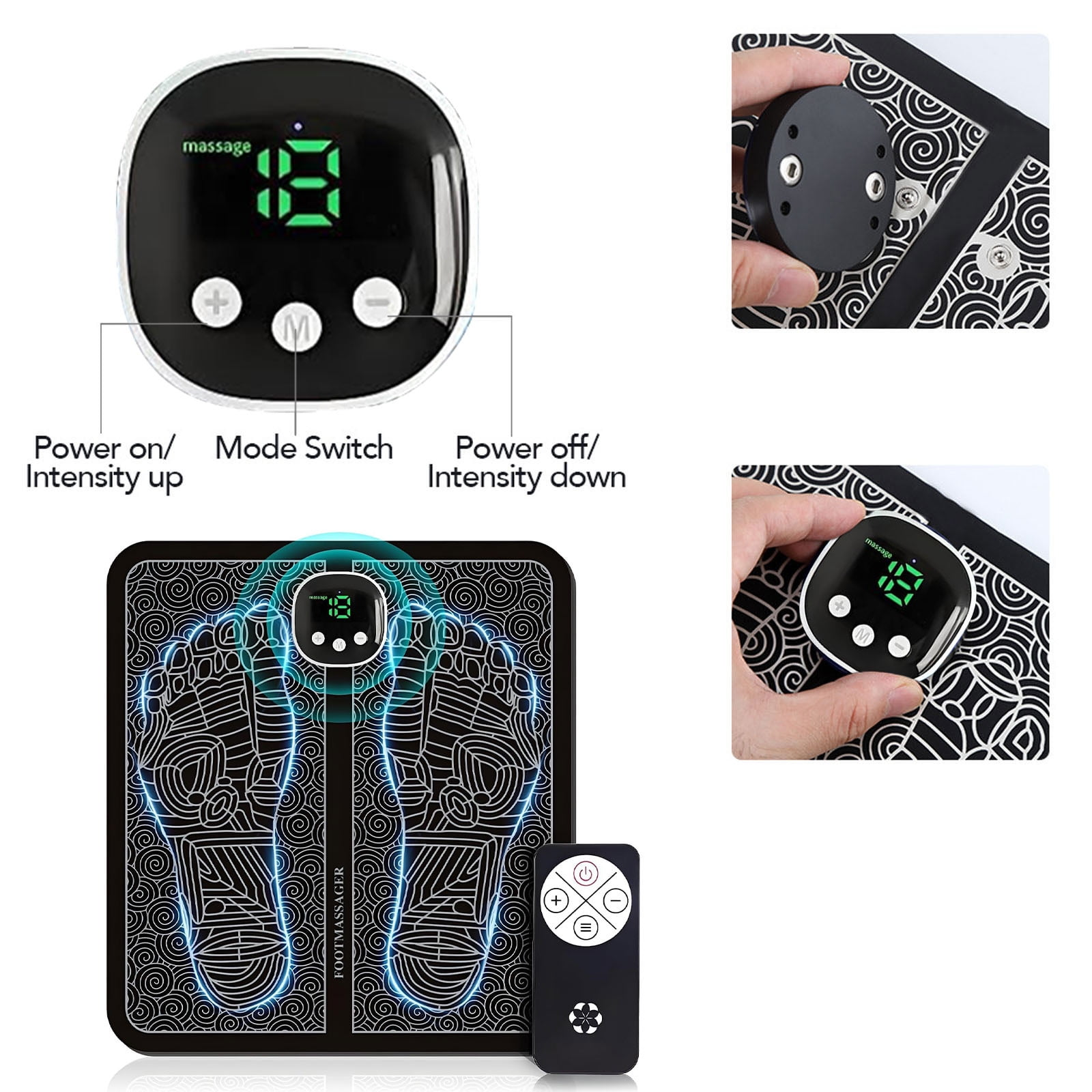Fußmassage matte mit digitalem Display, Fernbedienung und Insets für Befestigung und Bedienung.