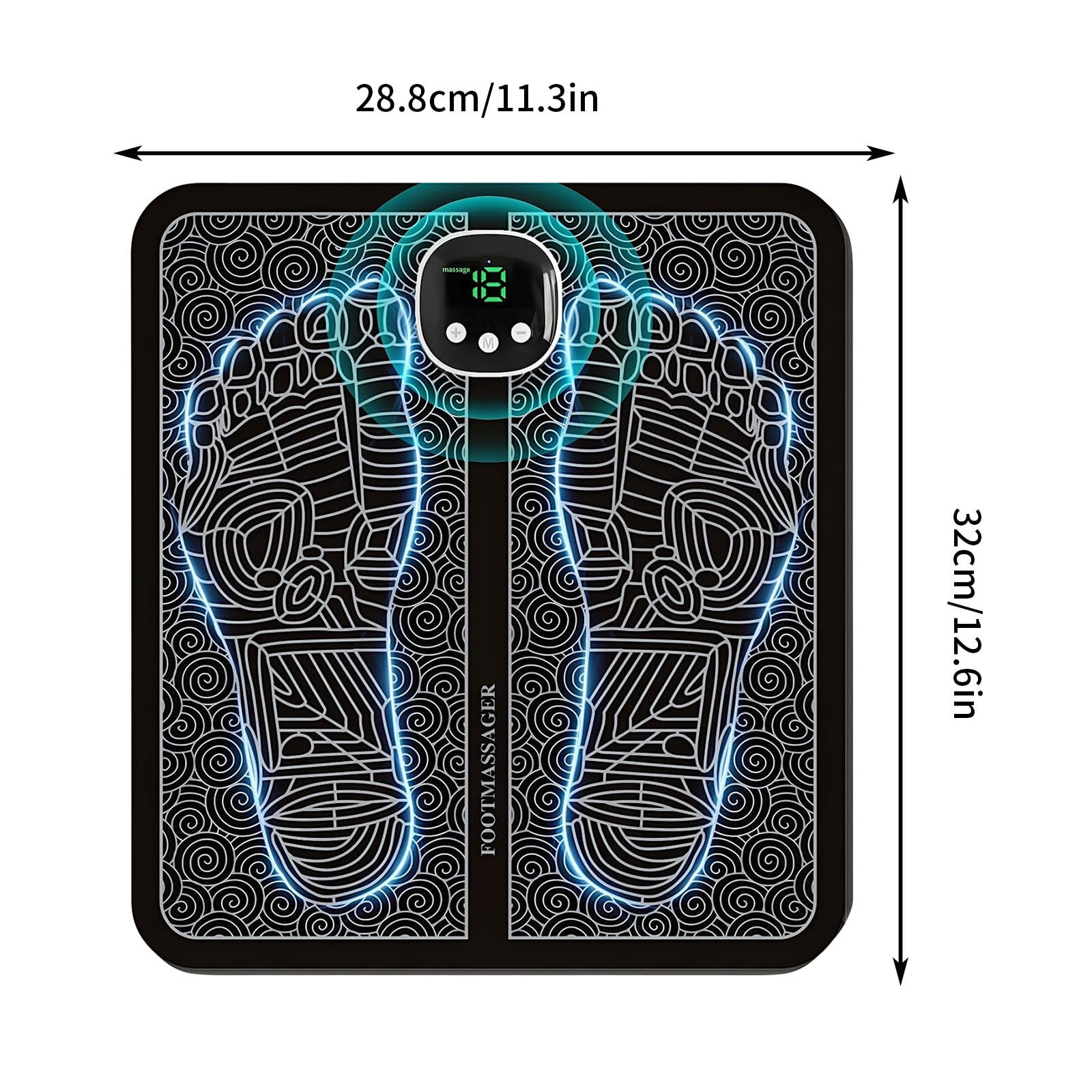 Schwarze elektrische Fußmassagematte mit Maßen von 28,8x32 cm und integriertem Display.