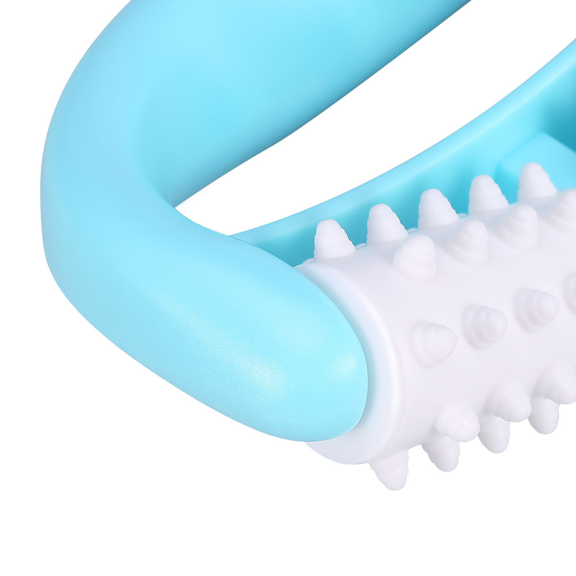Ein blauer Massagekörper mit einer weißen, stacheligen Walze zur Muskelentspannung.
